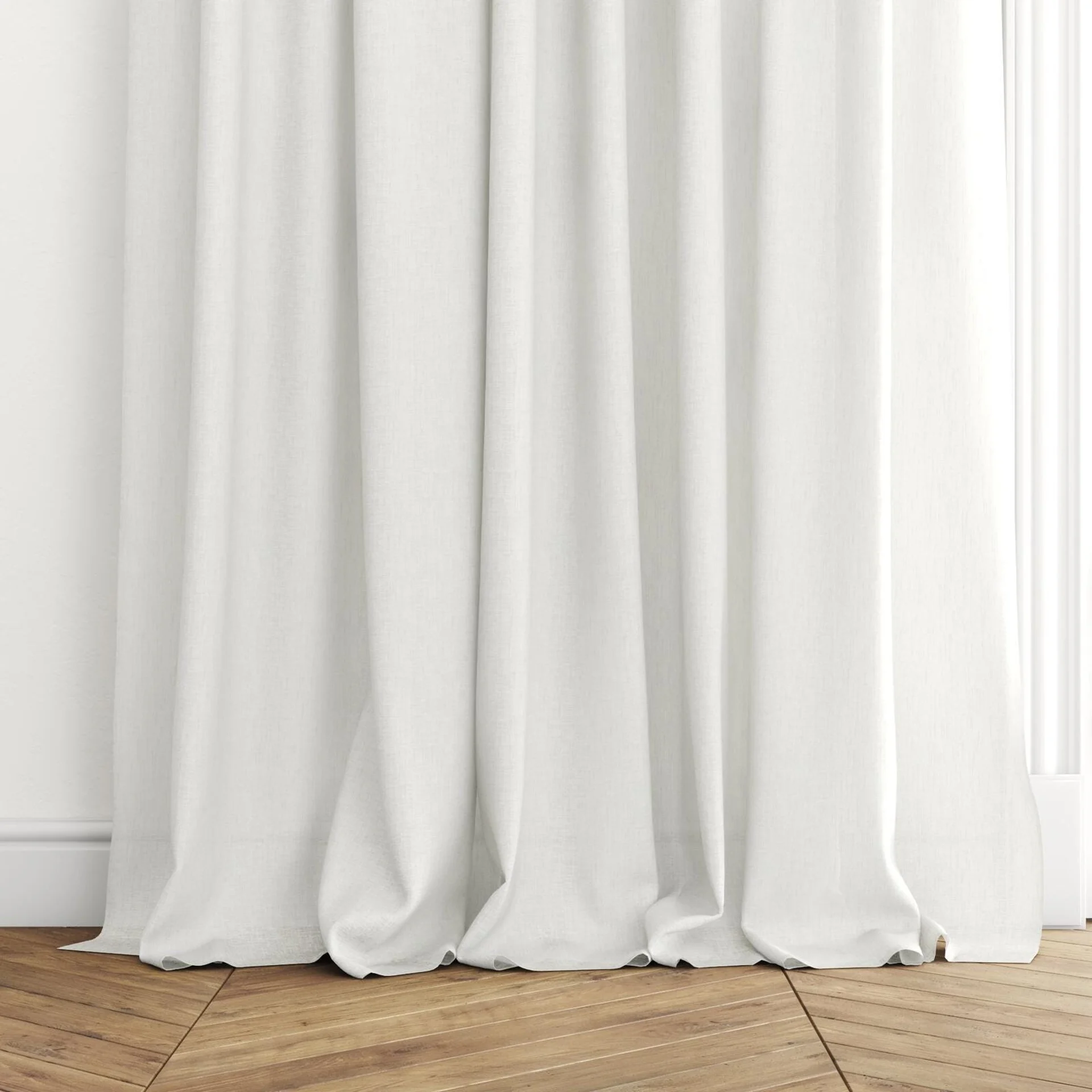 Bottom view of Shoji Linen, puddled with pinch pleat, on curtain rod