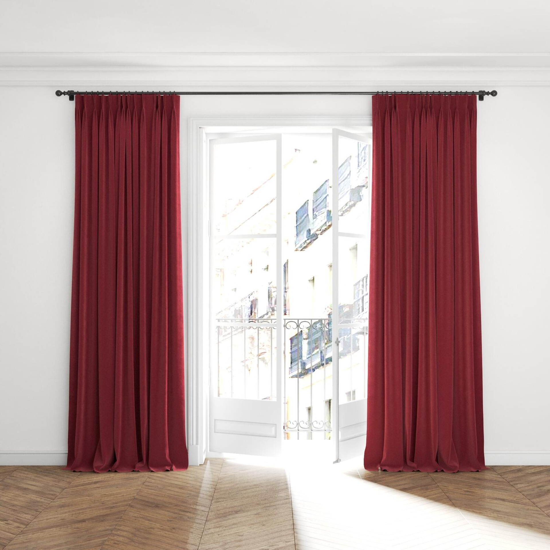 Full view of Moon Cabernet, puddled with pinch pleat, on curtain rod