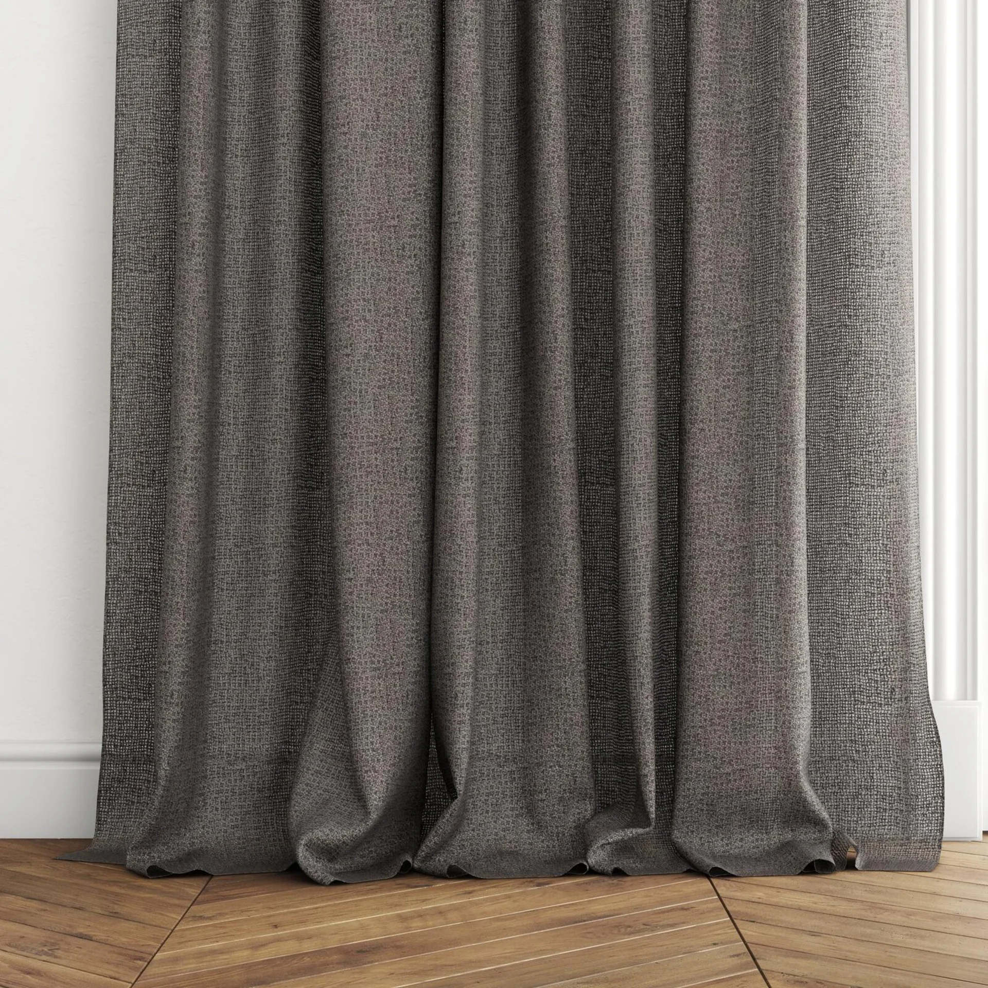 Bottom view of O'Keeffe Basalt, puddled with pinch pleat, on curtain rod