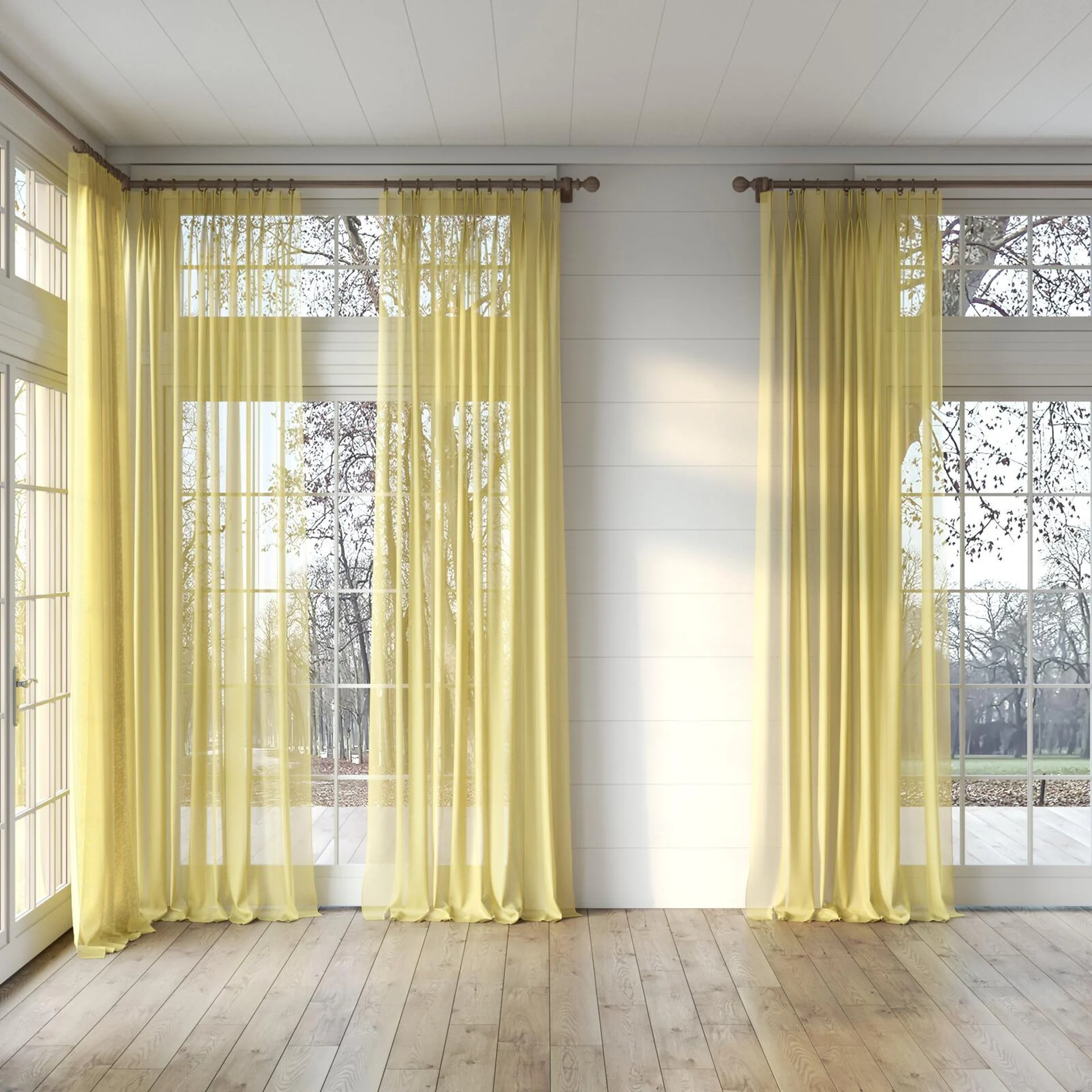 Full view of Zine Buttercup, puddled, on curtain rod