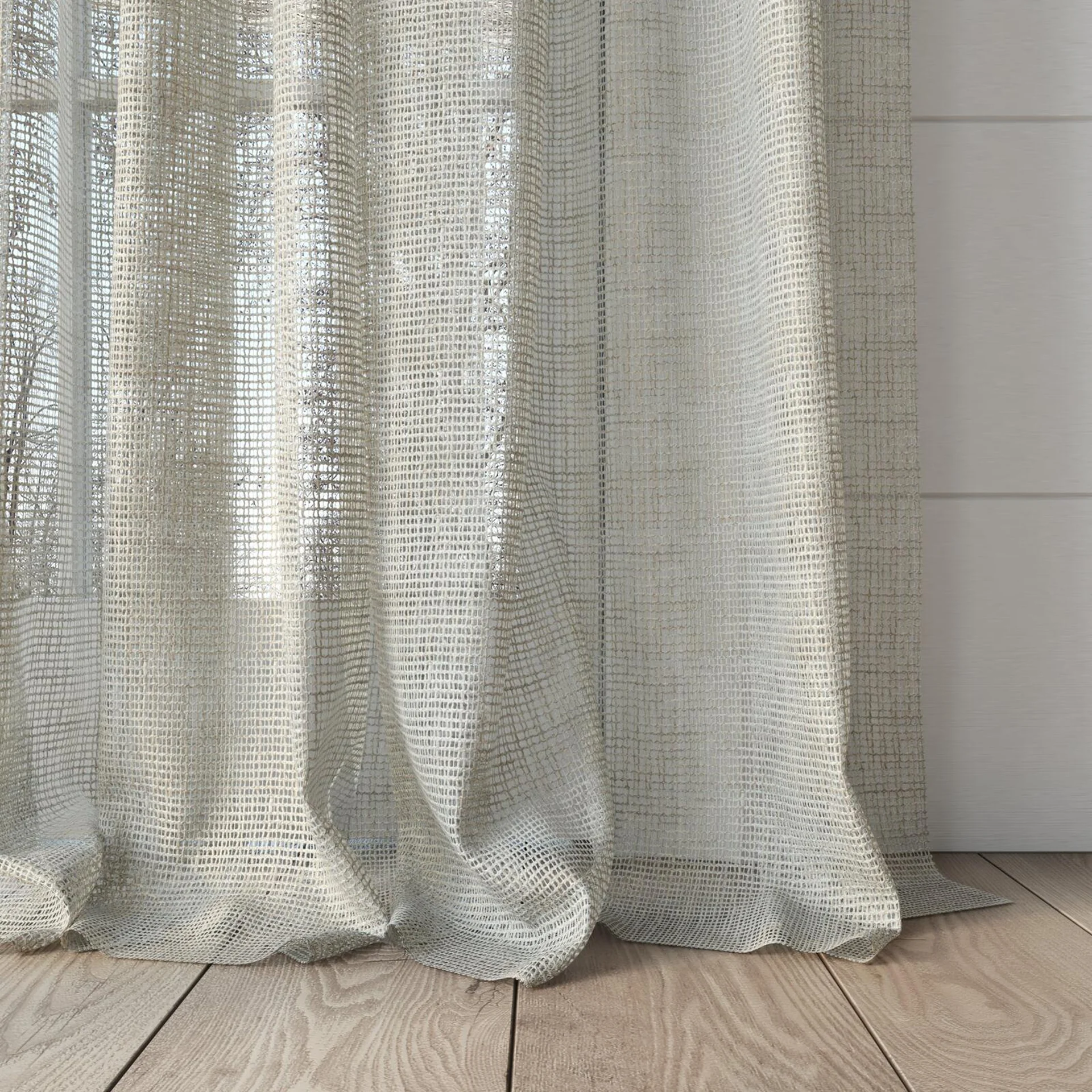 Bottom view of Jabberwocky Sesame, puddled, on curtain rod
