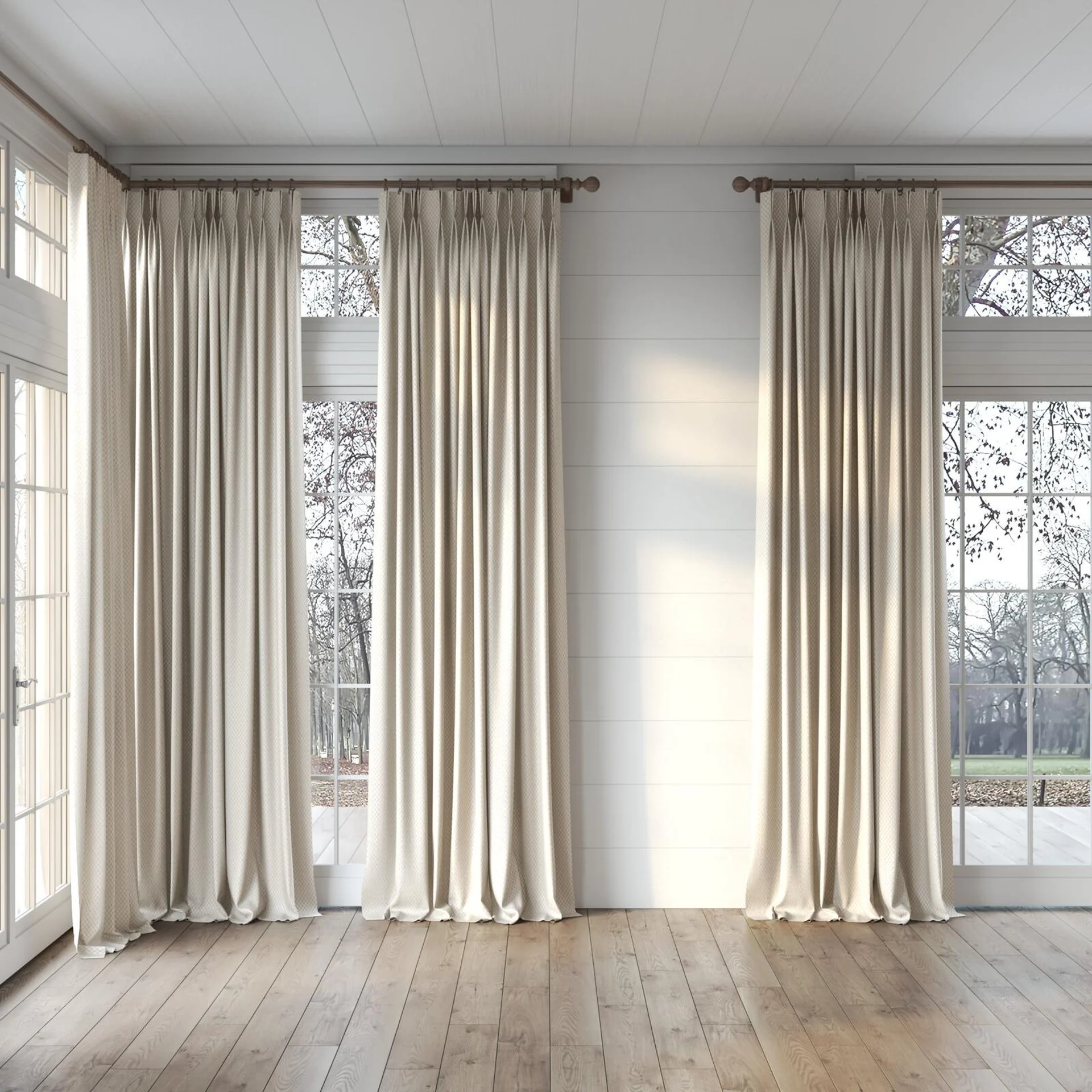 Full view of Manalapan Ecru, puddled, on curtain rod