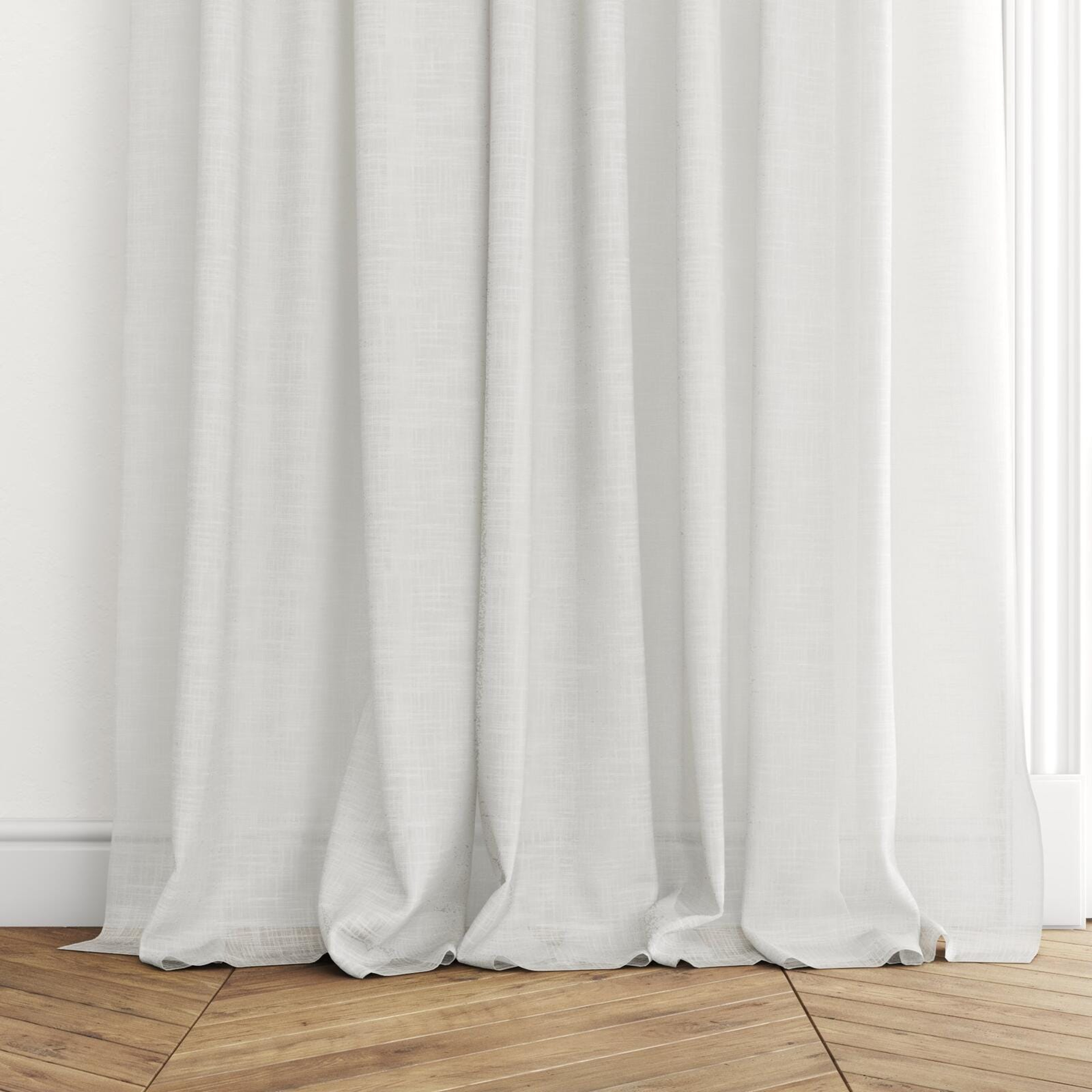 Bottom view of Savina Snow, puddled with pinch pleat, on curtain rod