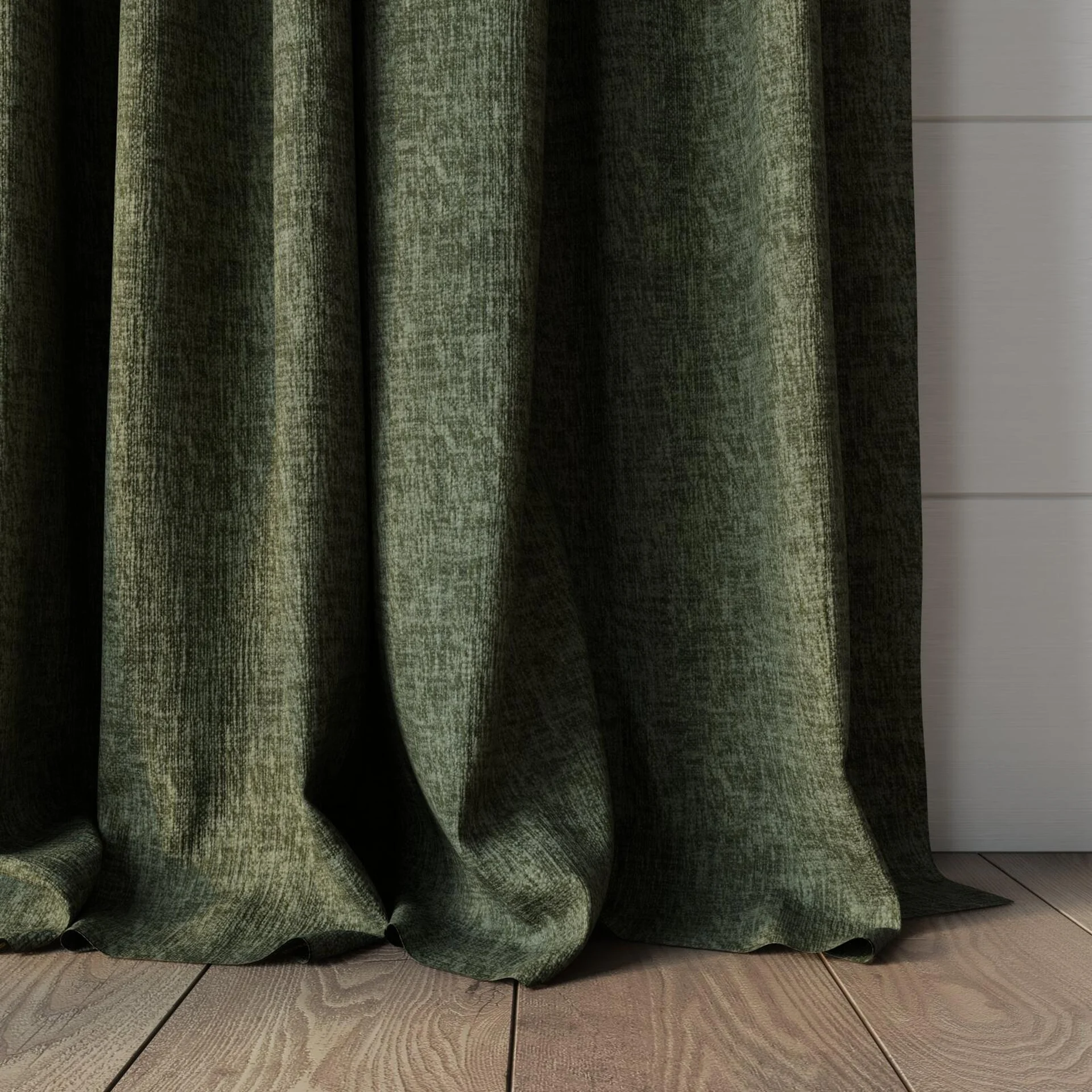 Bottom view of Earthwild Camouflage, puddled, on curtain rod
