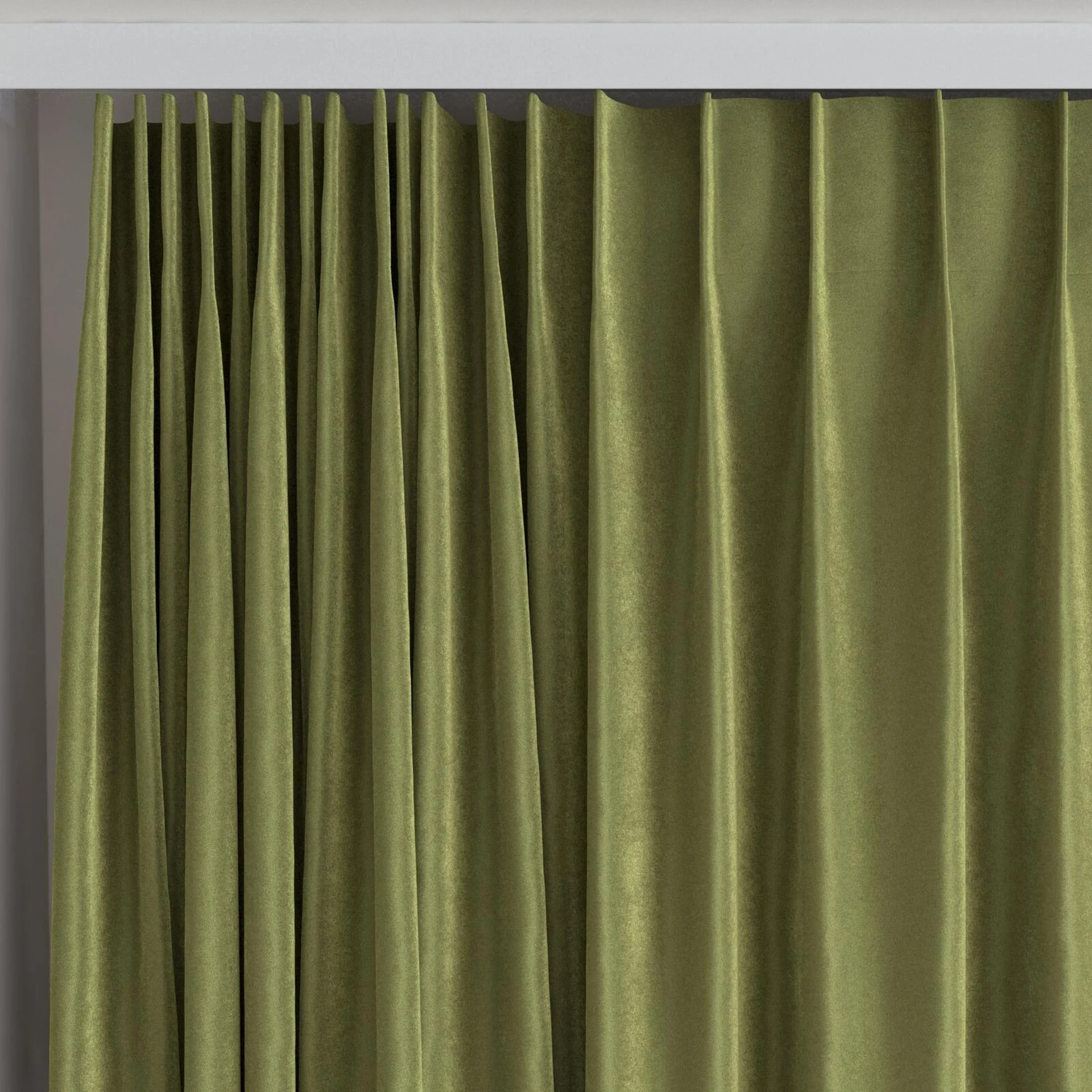Top view of Velvelux Olive, on curtain rail