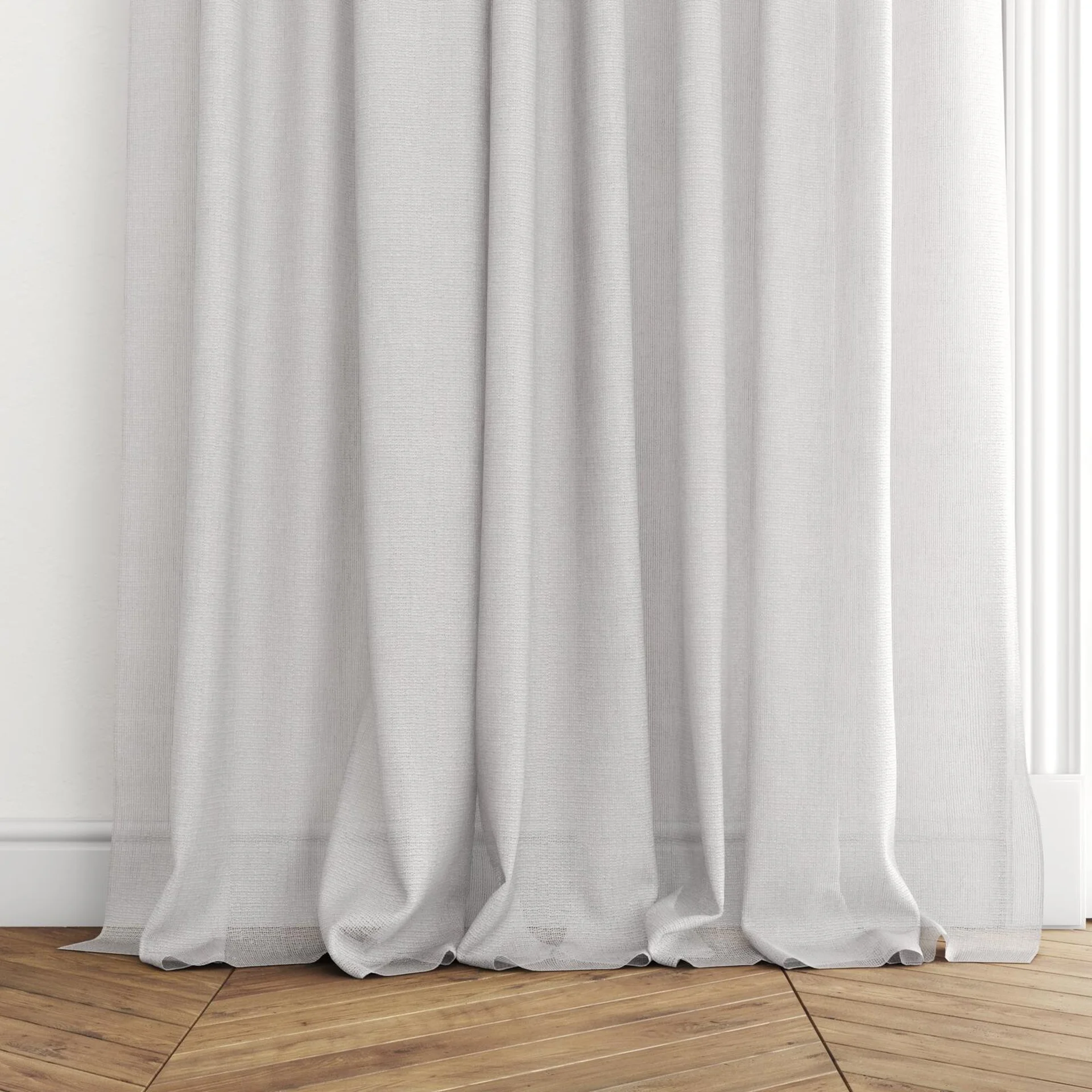Bottom view of Mathilde Mist, puddled with pinch pleat, on curtain rod
