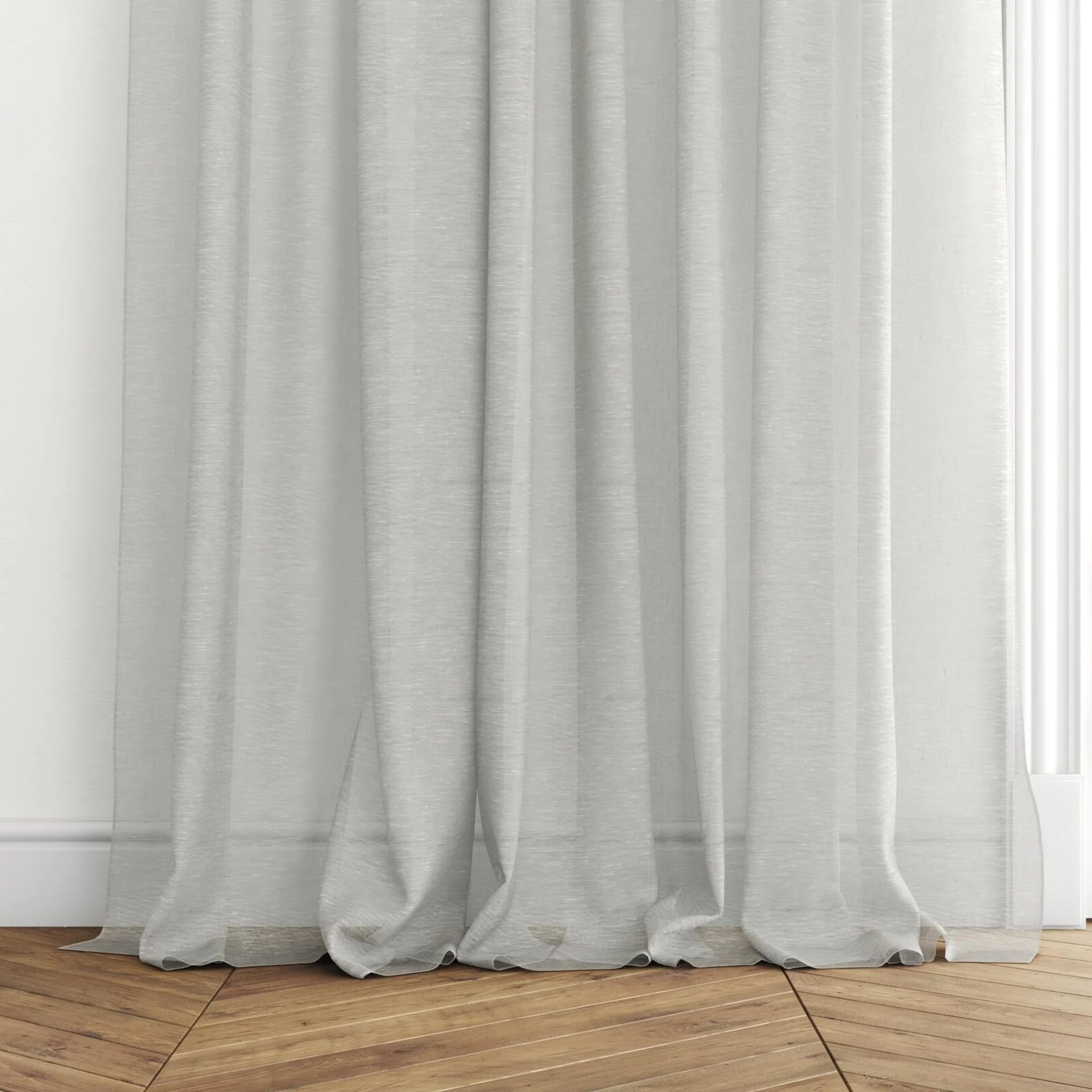 Bottom view of Enso Willow, puddled with pinch pleat, on curtain rod