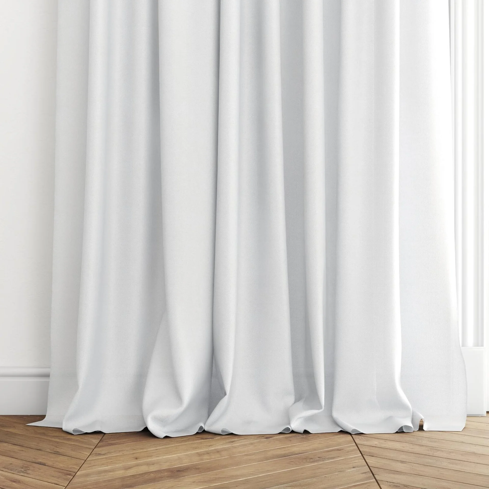 Bottom view of Twister Swan, puddled with pinch pleat, on curtain rod
