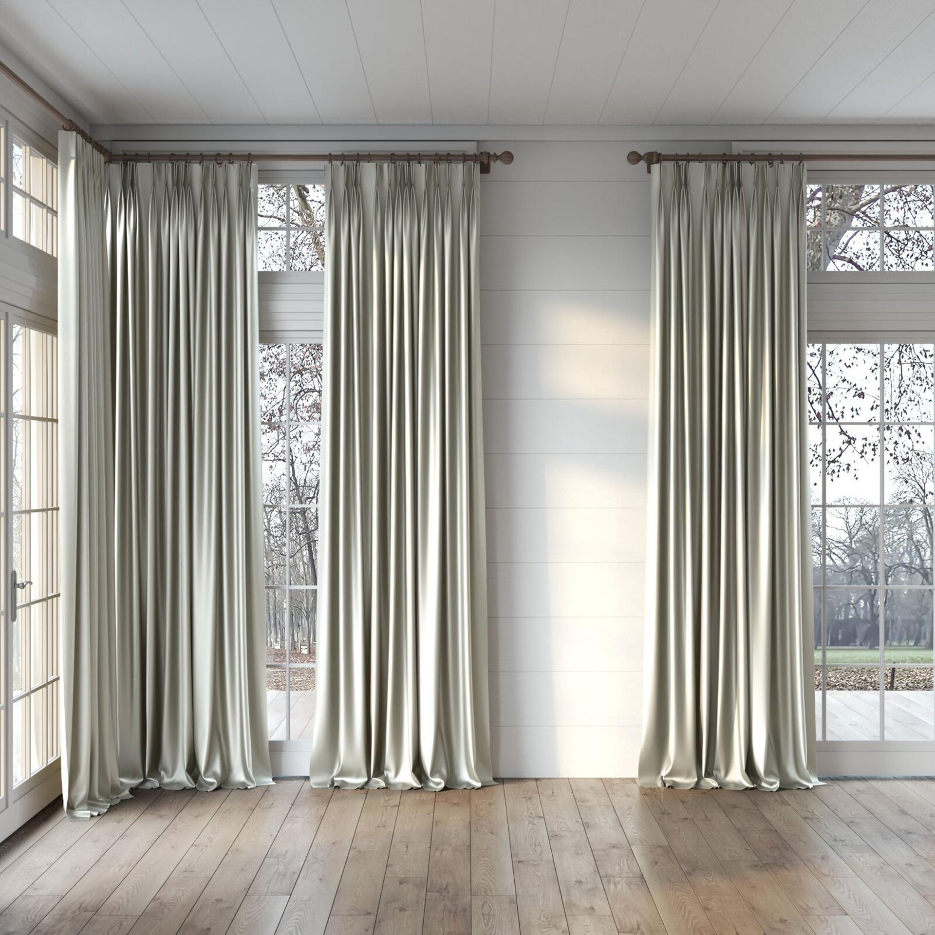 Full view of North Face Pearl, puddled, on curtain rod