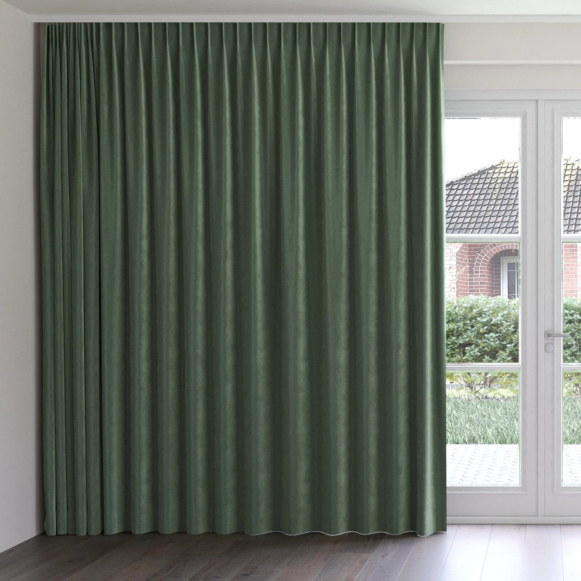 Front view of Velvelux Avocado, on curtain rail