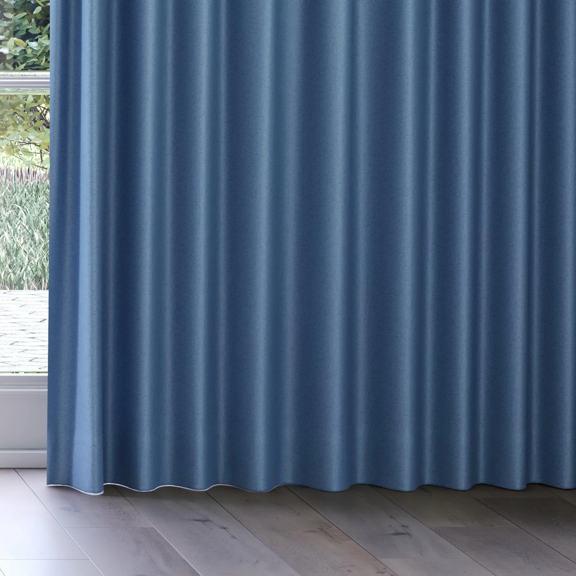 Bottom view of Grove Denim, on curtain rail