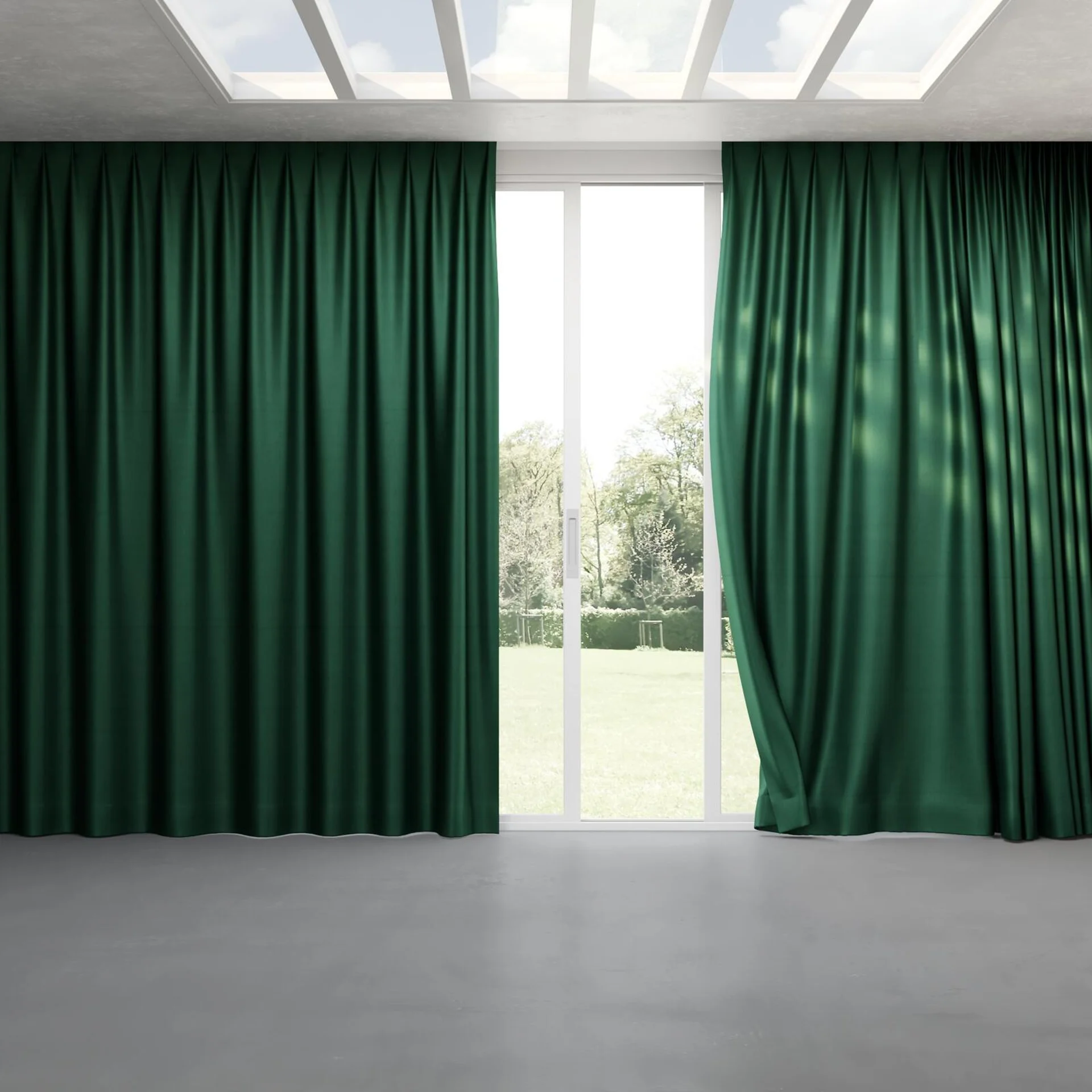 Full view of Warlock Emerald, pinch pleat