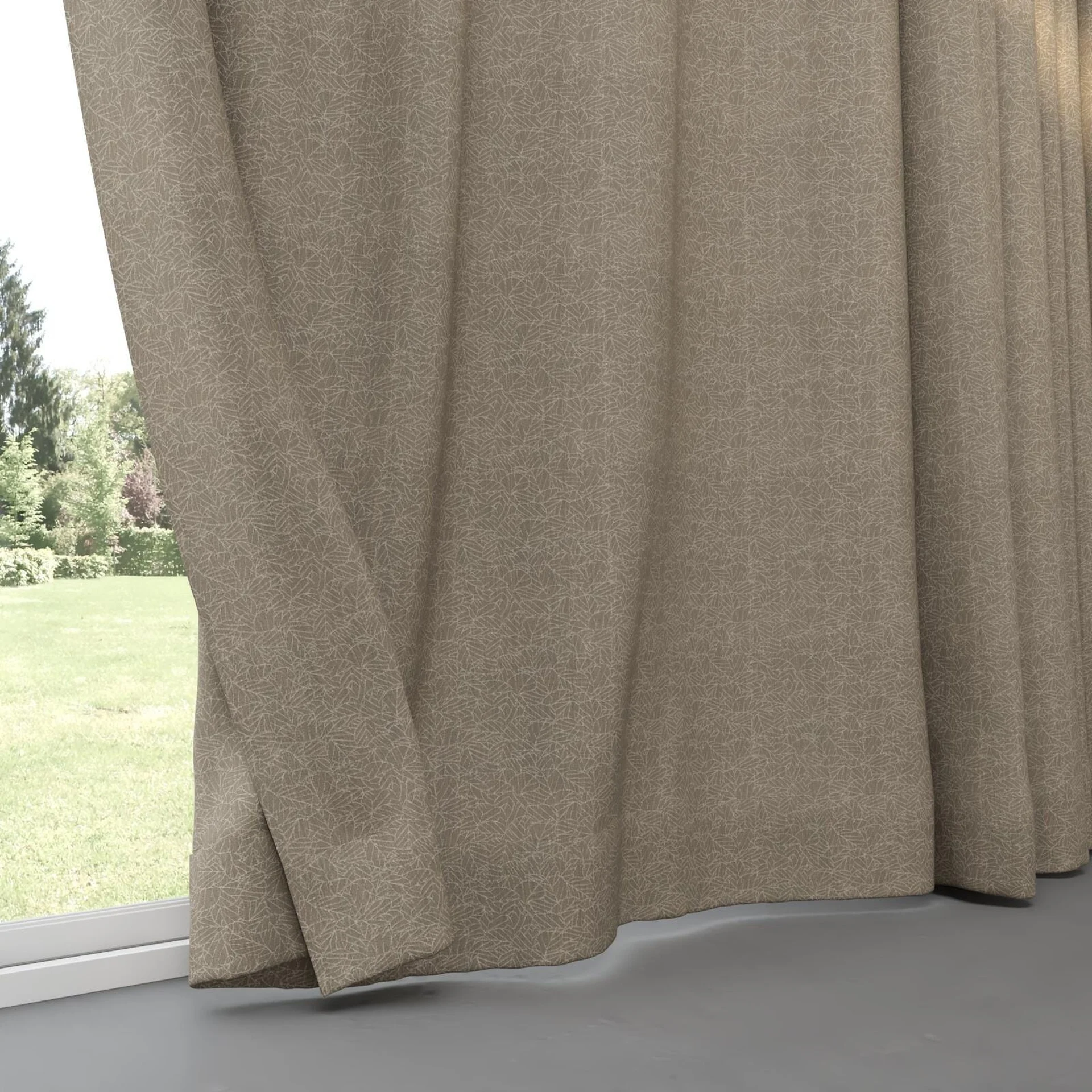 Bottom view of Laurel FR Blackout Rattan, pinch pleat