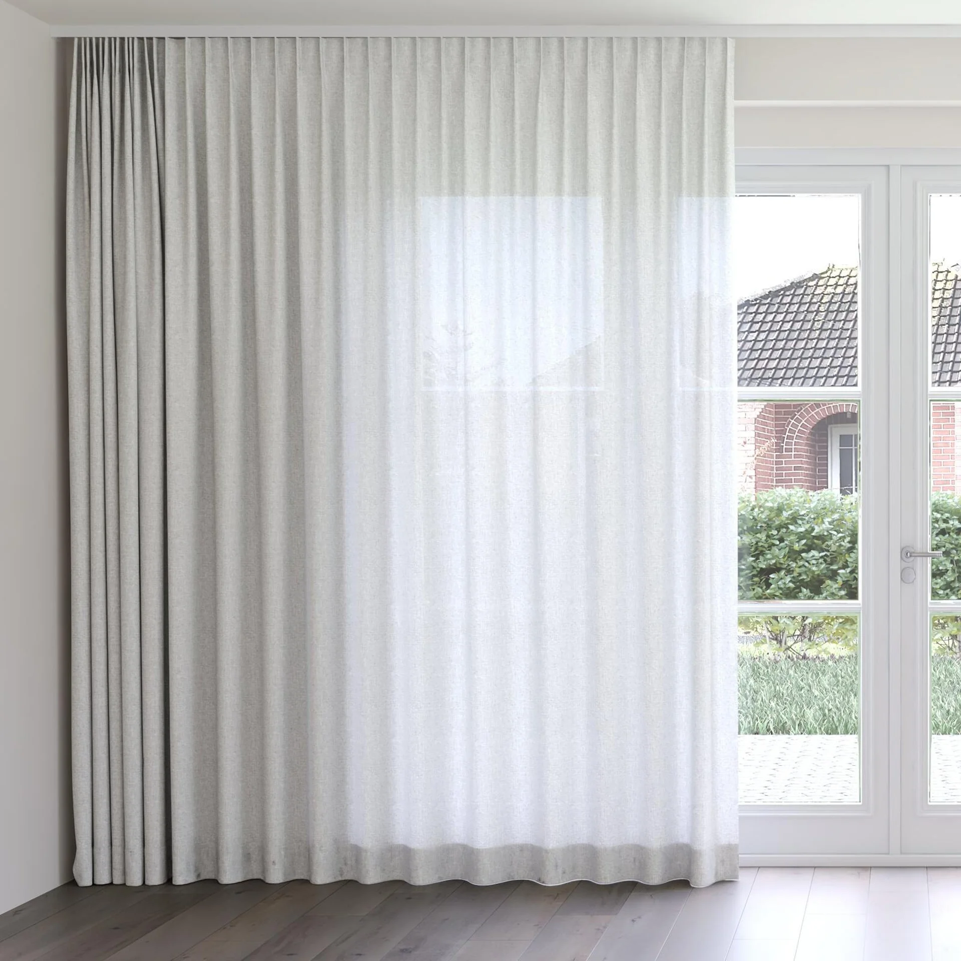 Front view of Envoy 2 Feather 320cm, on curtain rail