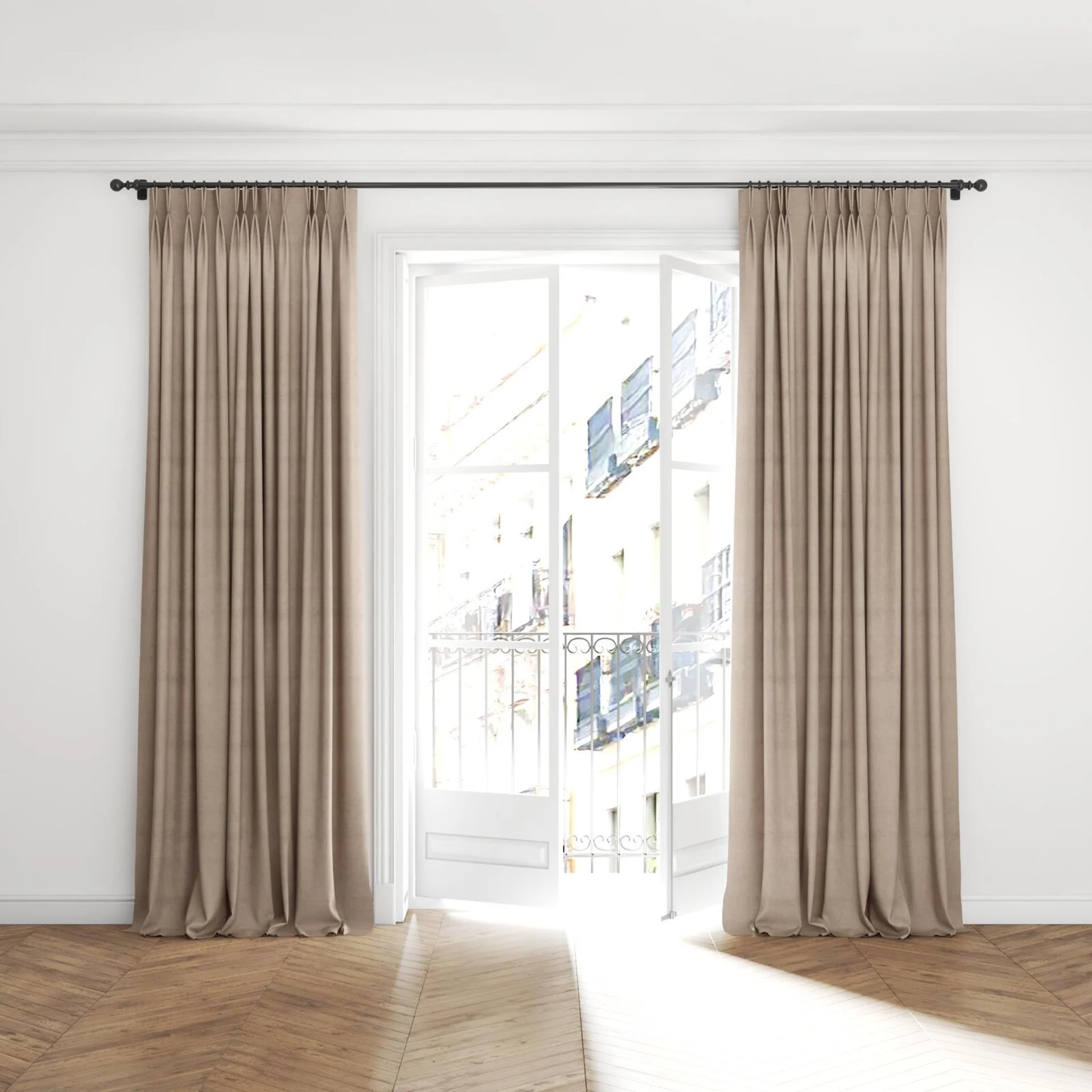 Full view of Baron Sesame, puddled with pinch pleat, on curtain rod