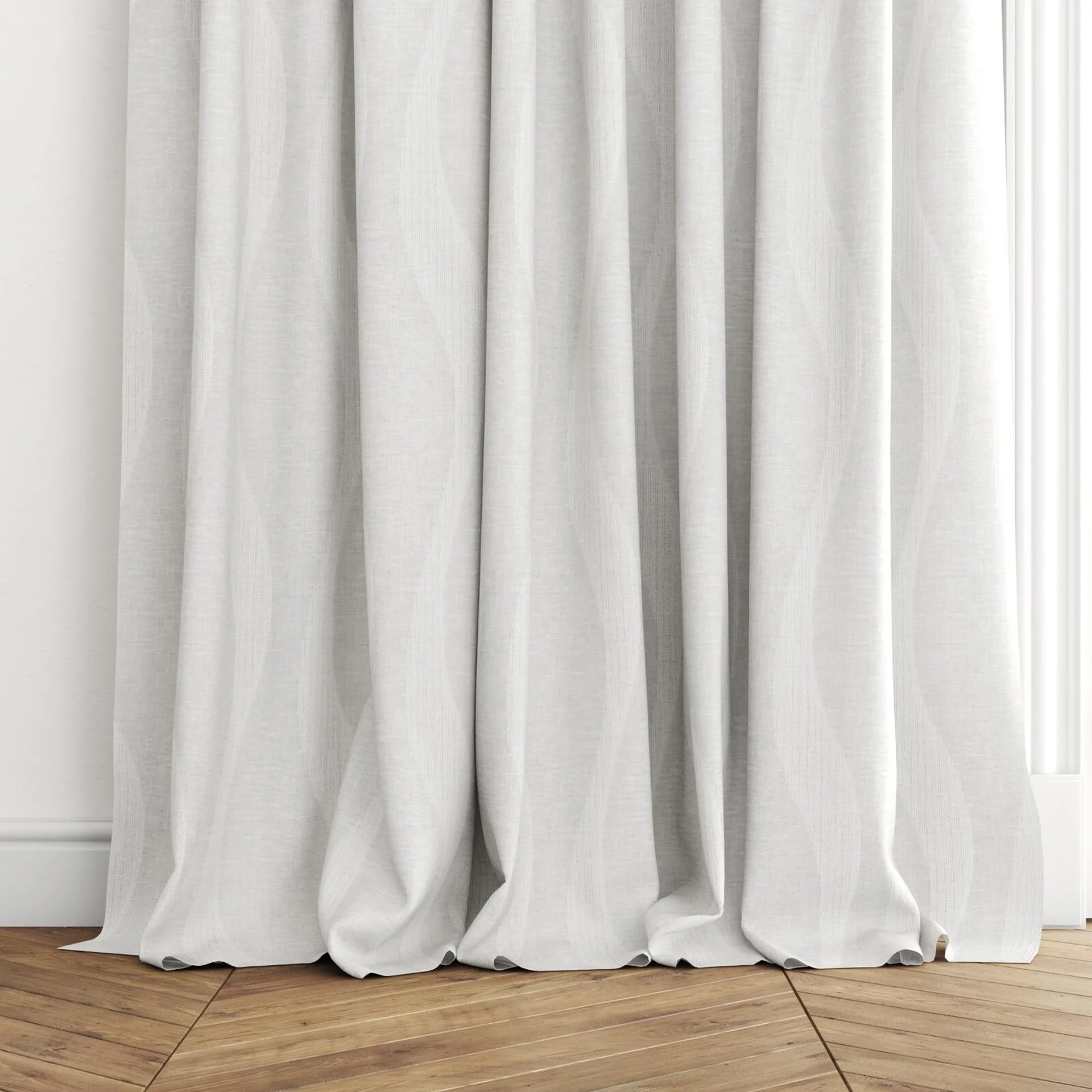 Bottom view of Paramount Ivory, puddled with pinch pleat, on curtain rod