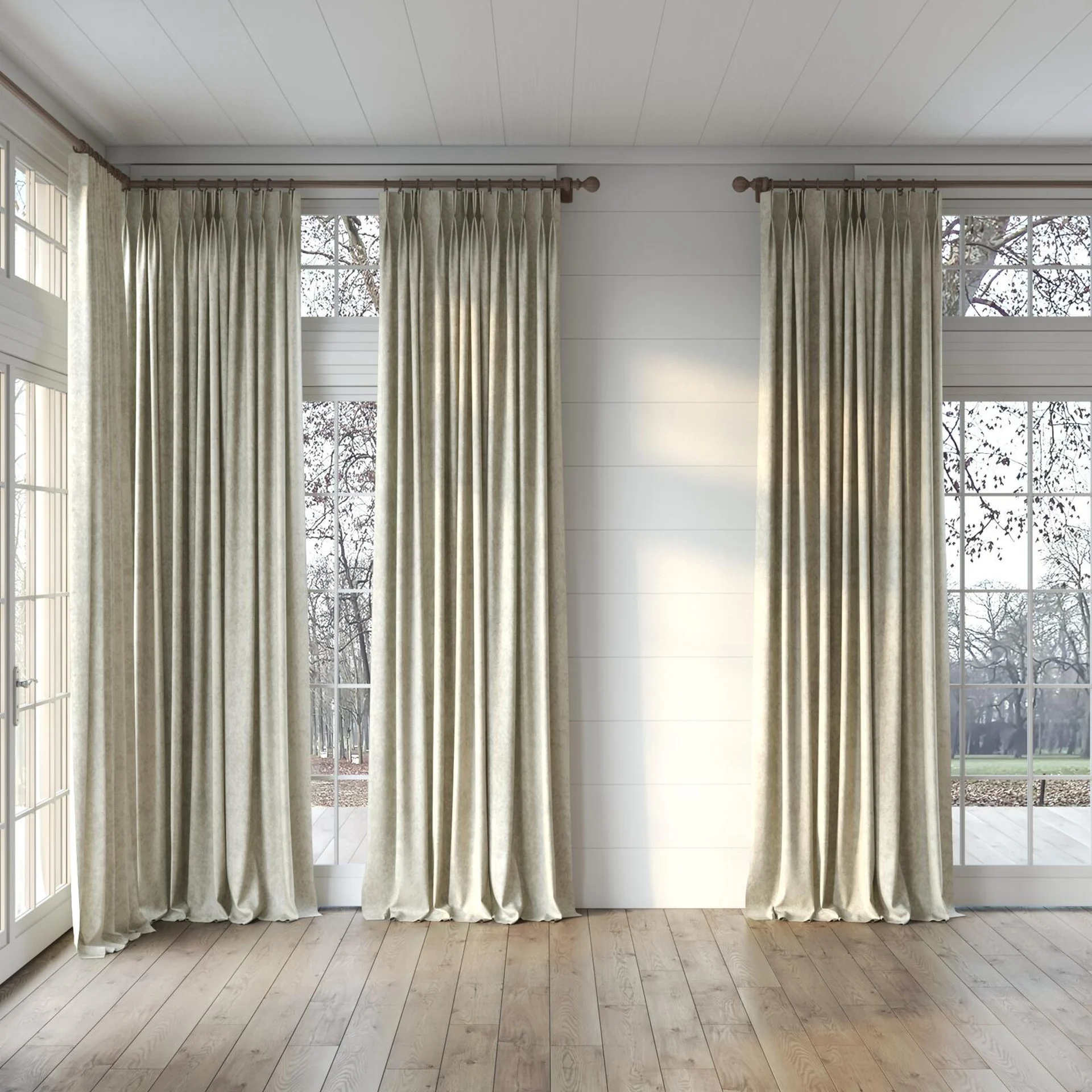 Full view of Opera Silver, puddled, on curtain rod