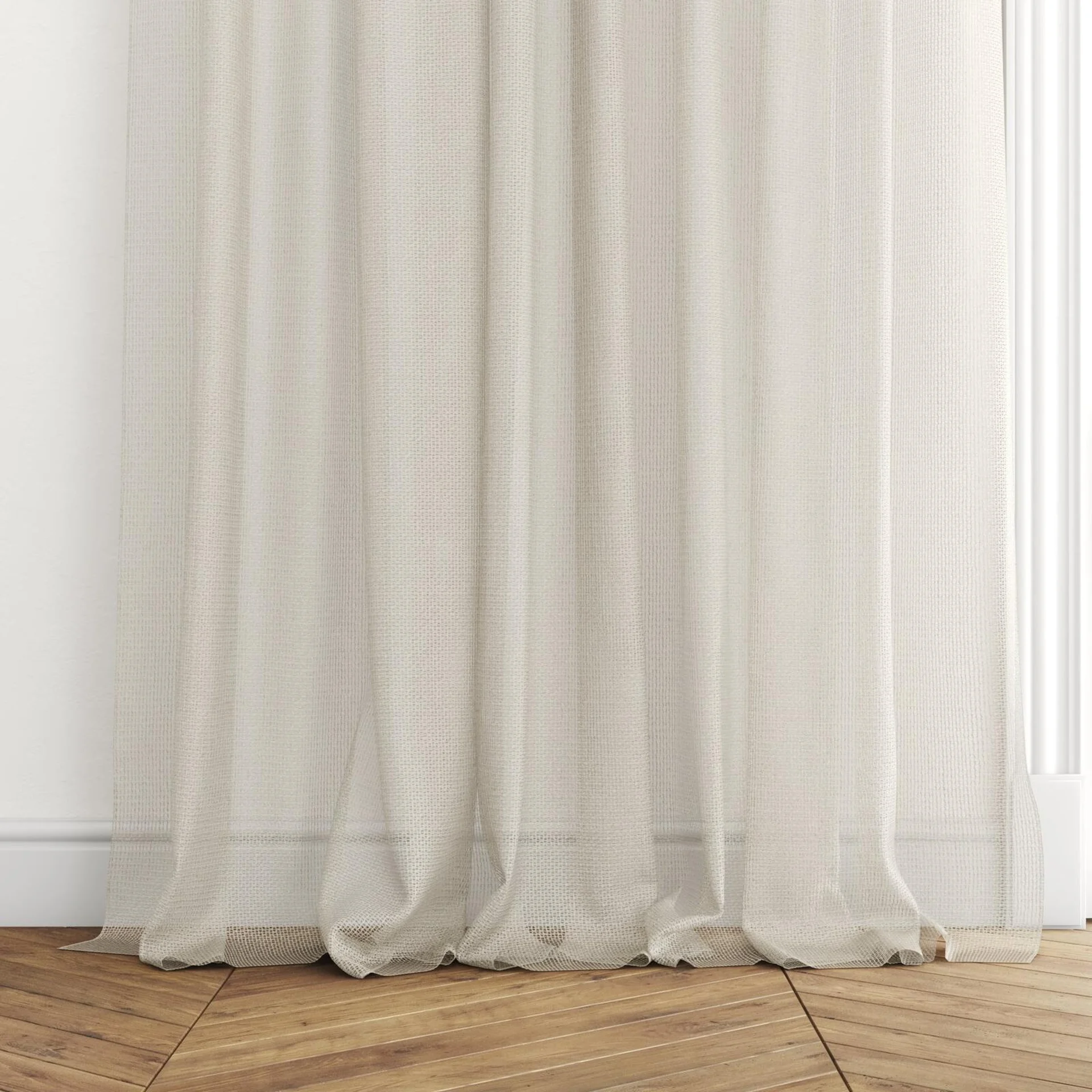 Bottom view of Cosmos Dune, puddled with pinch pleat, on curtain rod