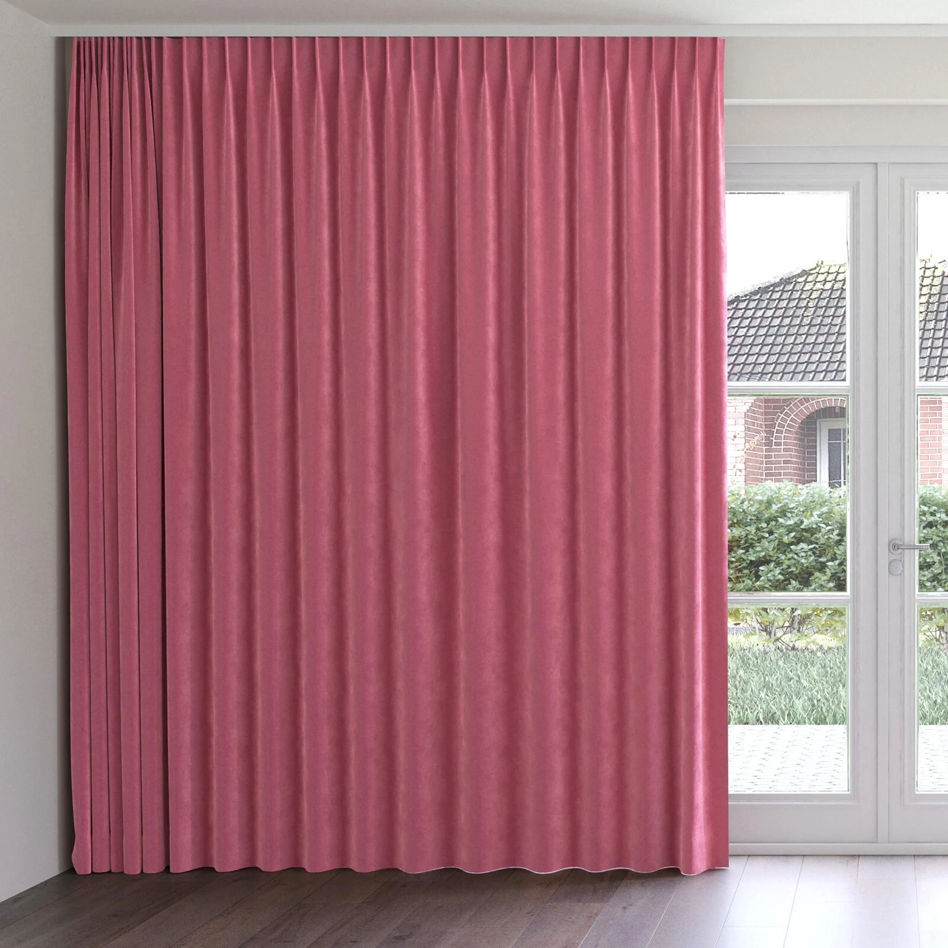 Front view of Lux Velvet Carmine 8501, on curtain rail