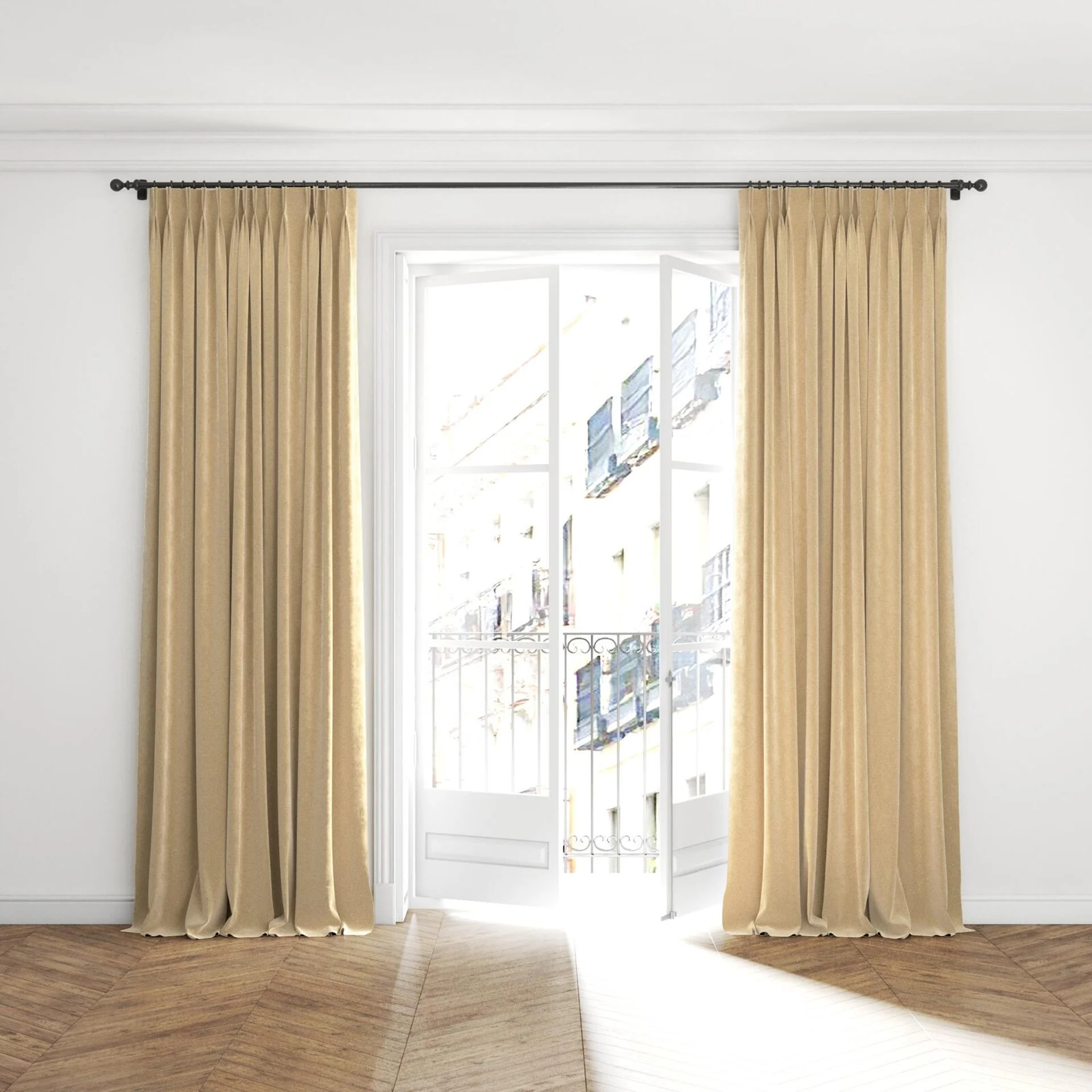 Full view of Lux Velvet Linen 8302, puddled with pinch pleat, on curtain rod