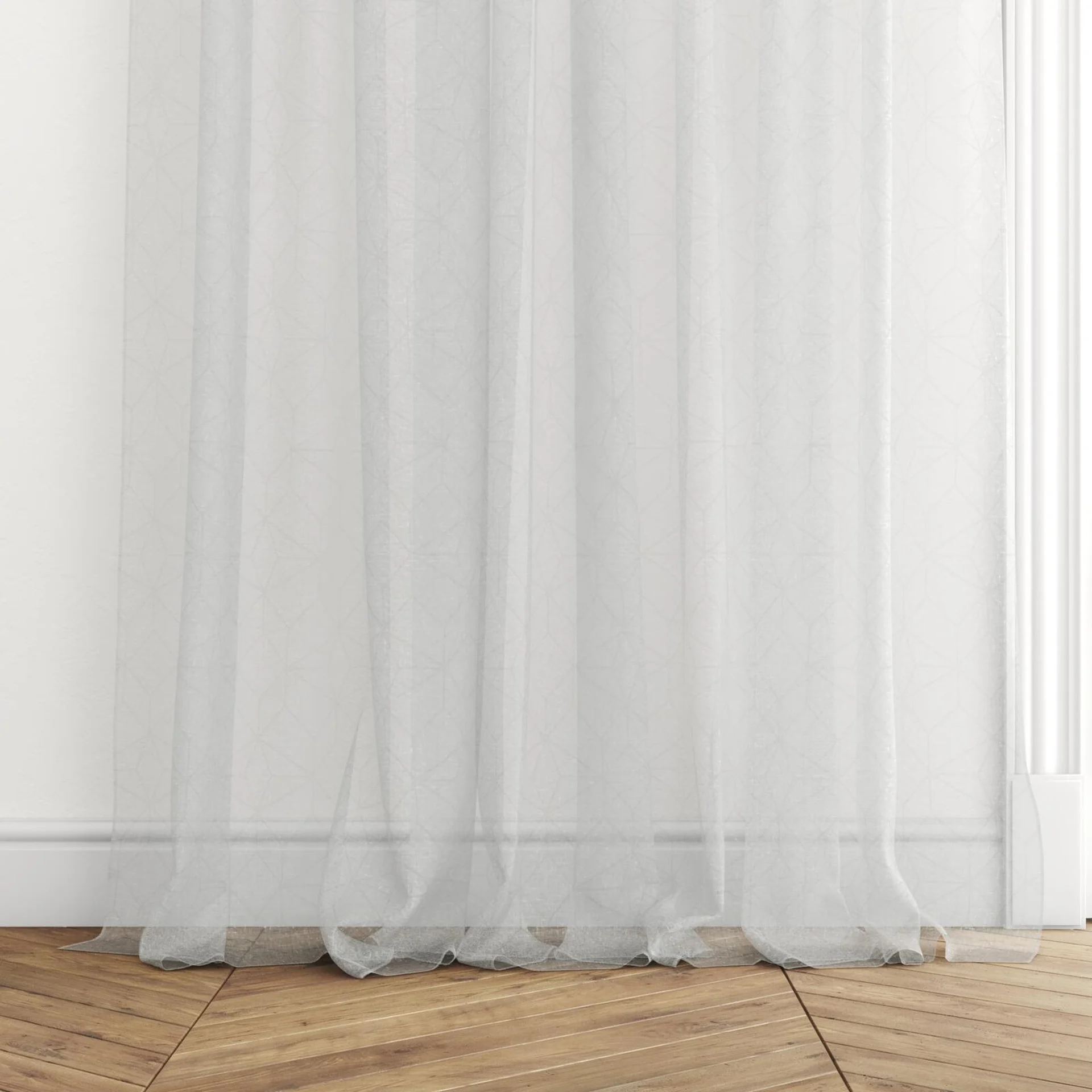 Bottom view of Alassio Winter, puddled with pinch pleat, on curtain rod