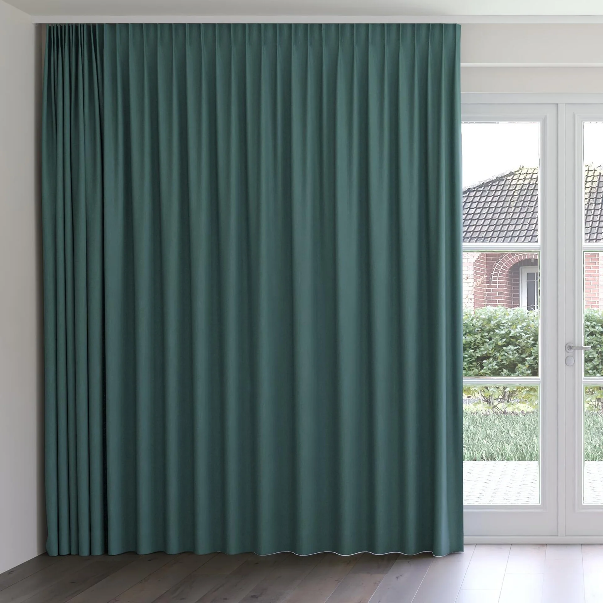 Front view of Northstar Peacock, on curtain rail