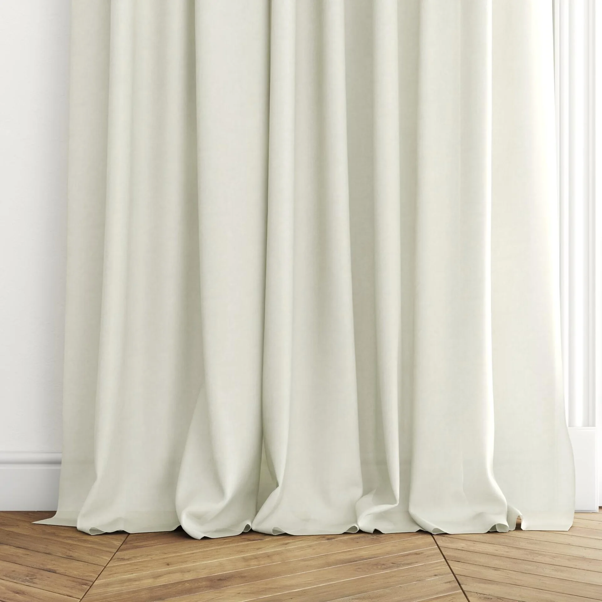 Bottom view of Flo II Putty, puddled with pinch pleat, on curtain rod