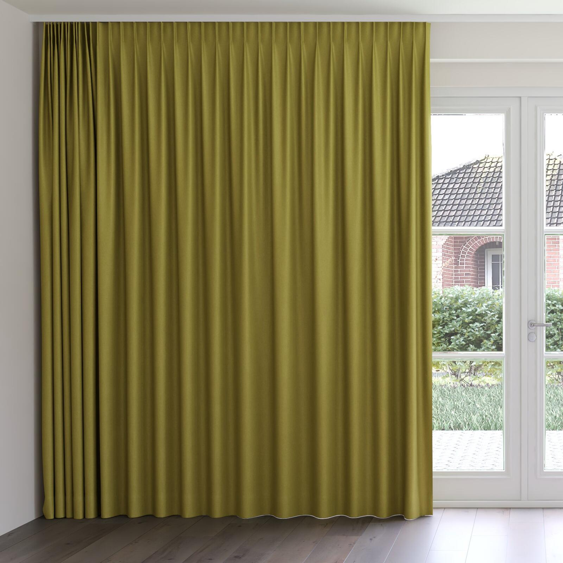 Front view of Woolly/Woolen Khaki, on curtain rail