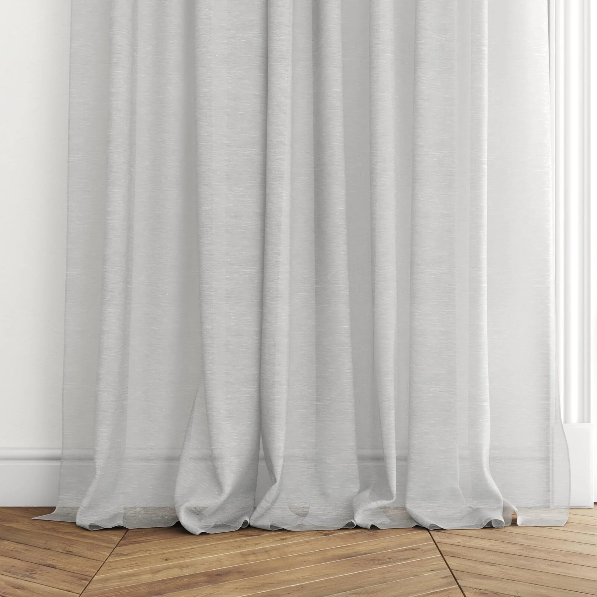 Bottom view of Enso Sky, puddled with pinch pleat, on curtain rod