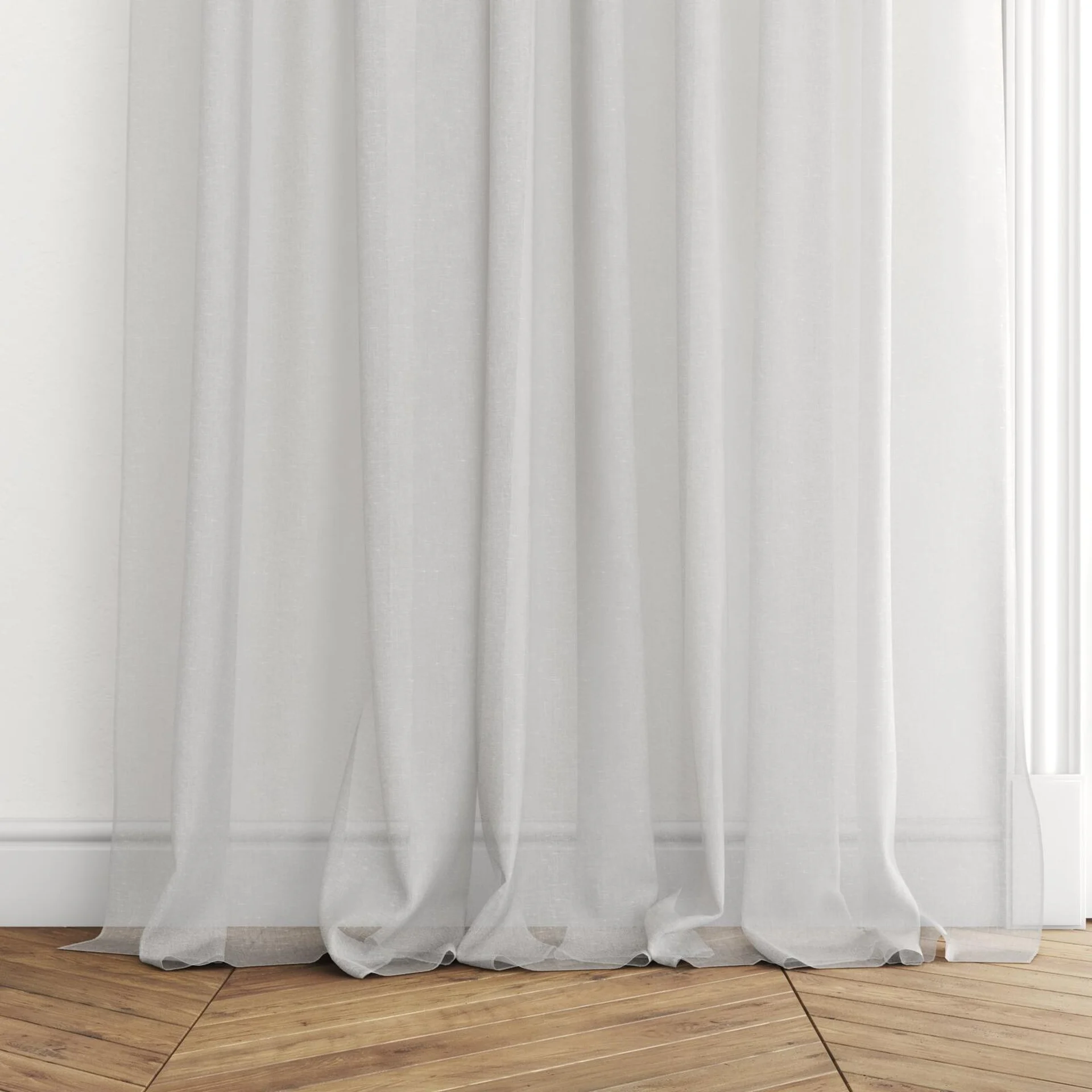 Bottom view of Distill Oyster, puddled with pinch pleat, on curtain rod