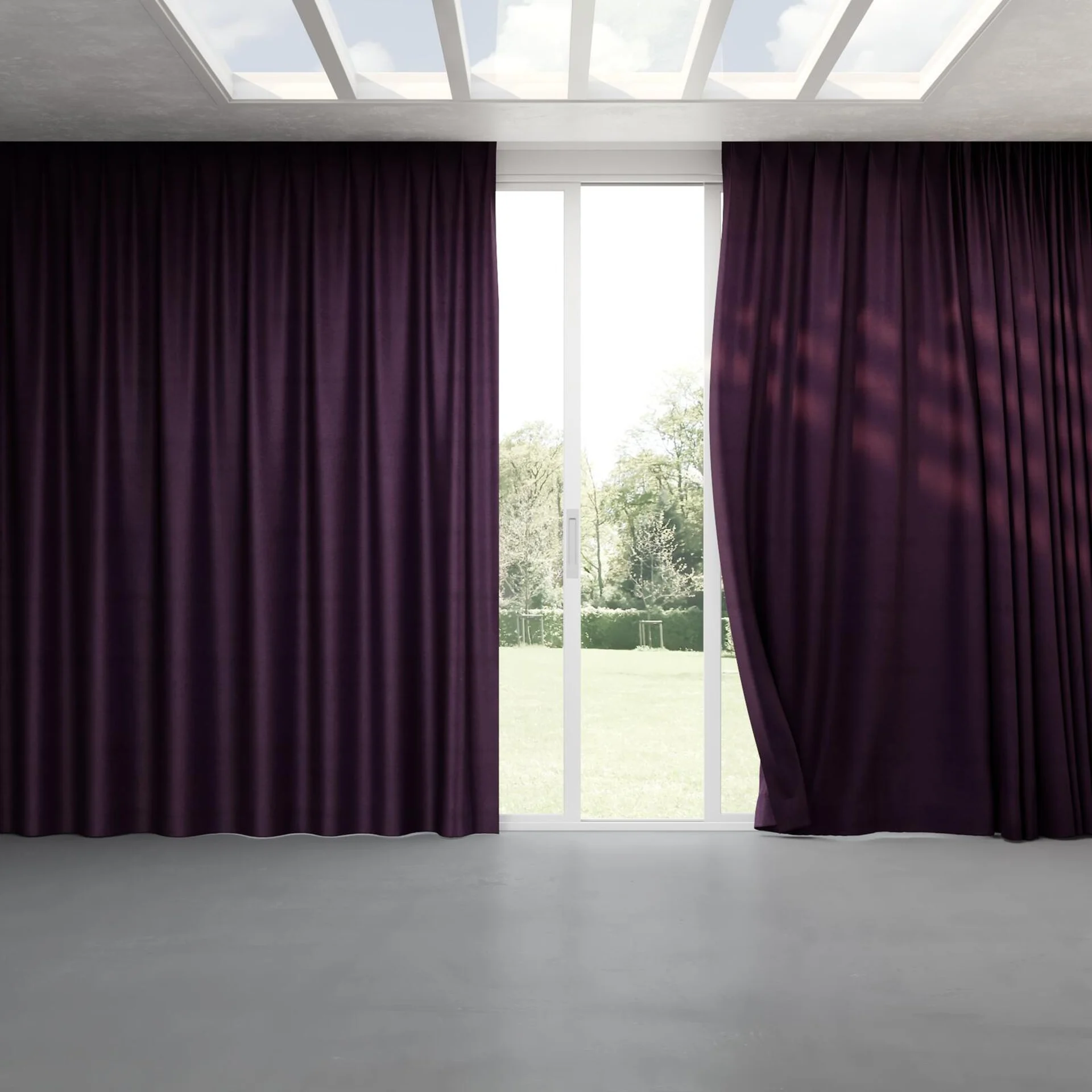 Full view of Baron Plum, pinch pleat