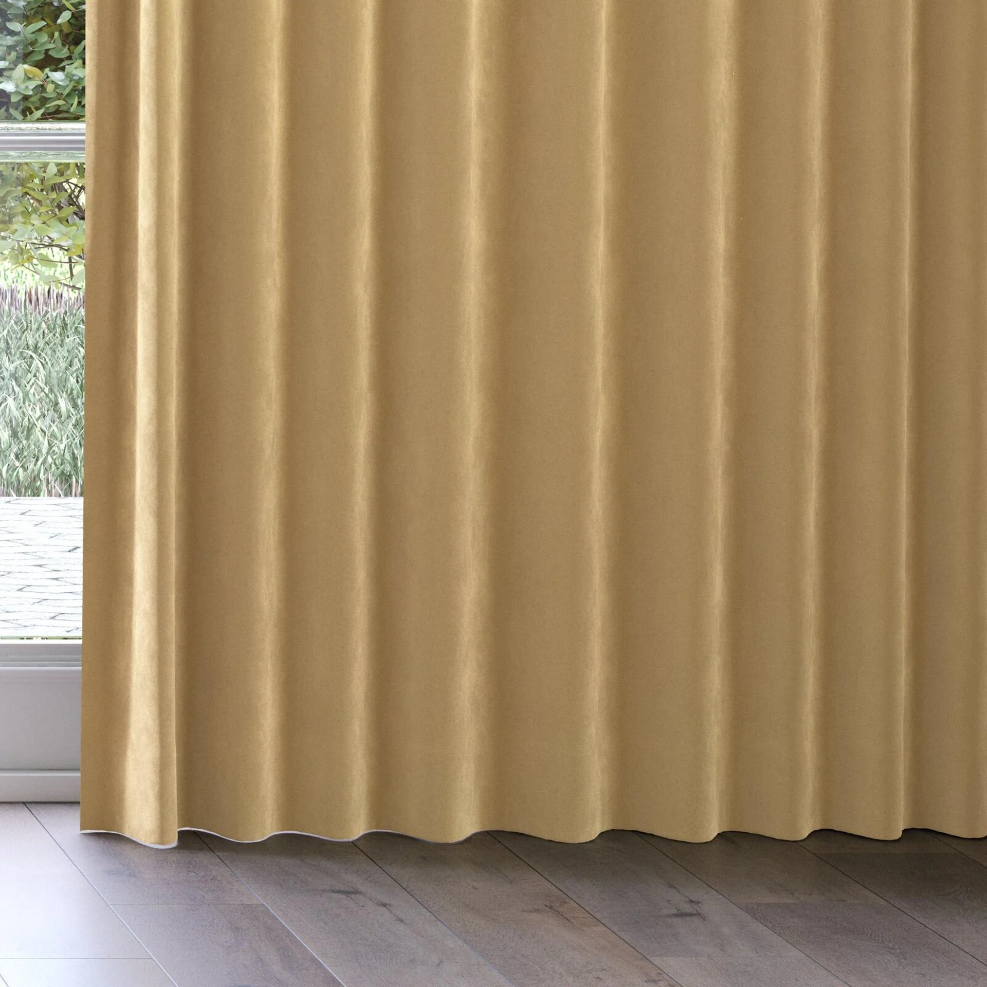 Bottom view of Lux Velvet Caramel 8309, on curtain rail