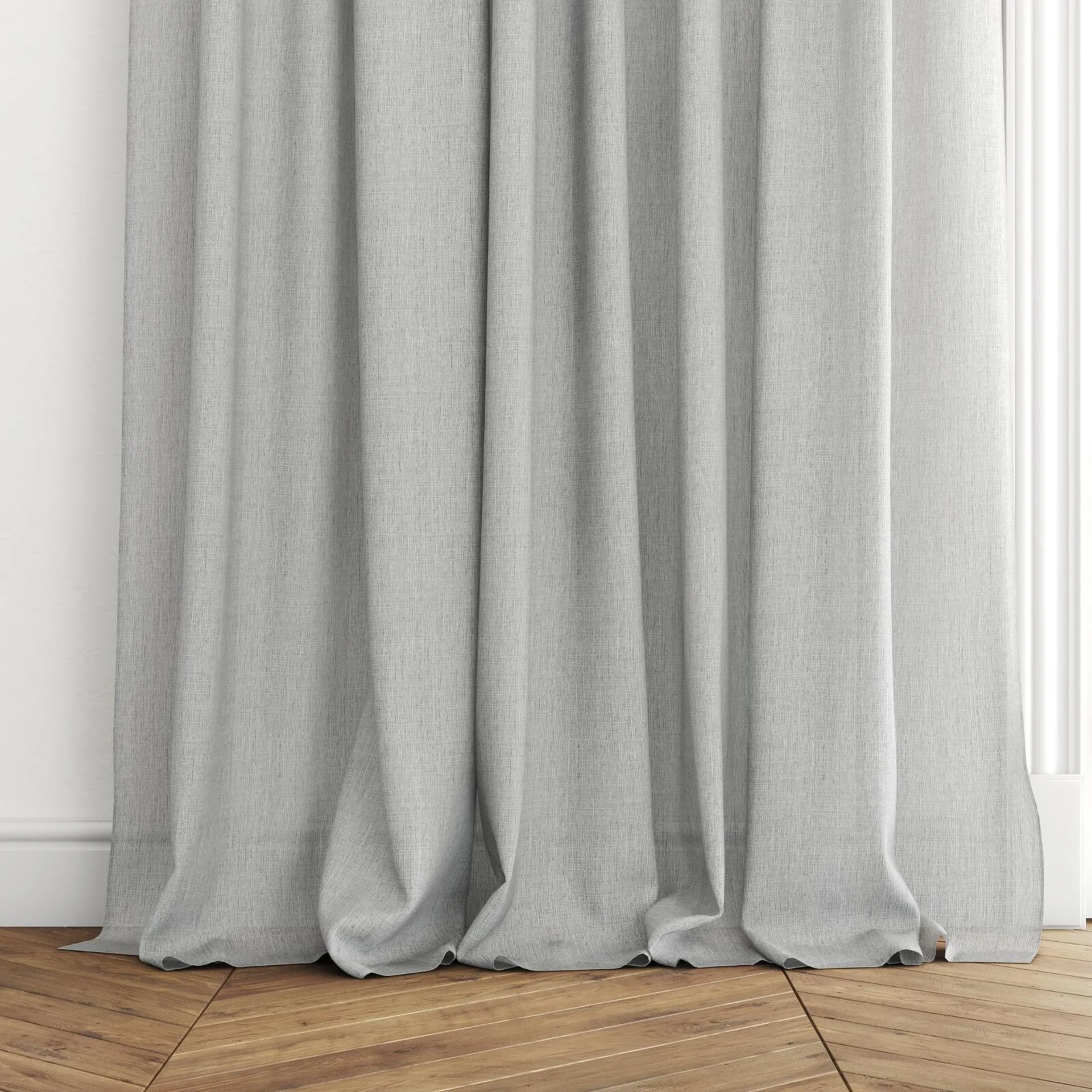 Bottom view of Monsoon Basalt, puddled with pinch pleat, on curtain rod