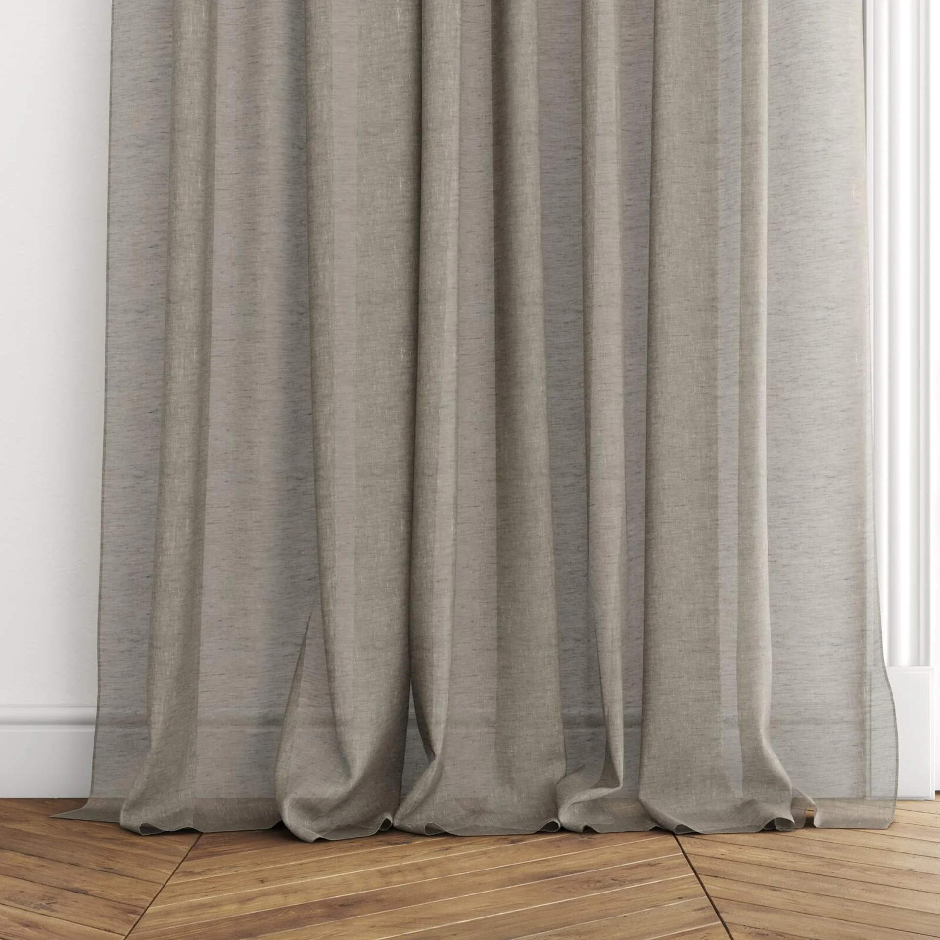 Bottom view of Lino Peppercorn, puddled with pinch pleat, on curtain rod