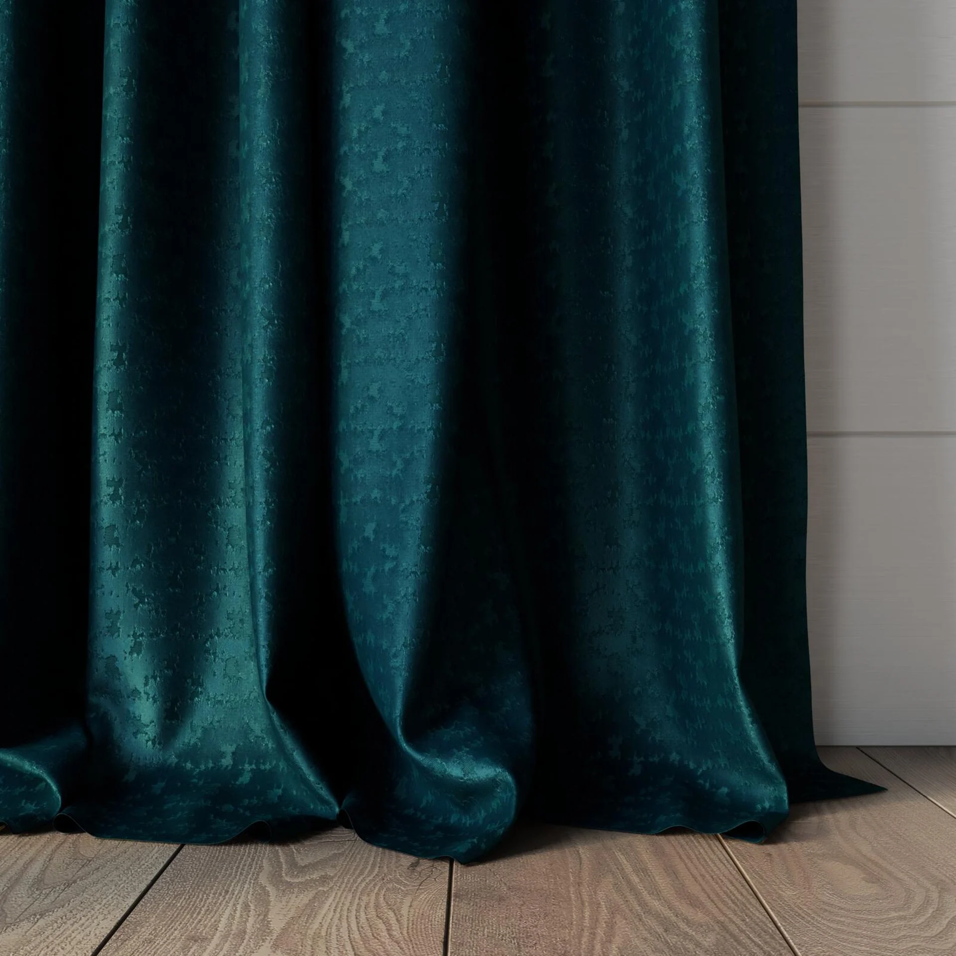 Bottom view of Requiem Teal, puddled, on curtain rod