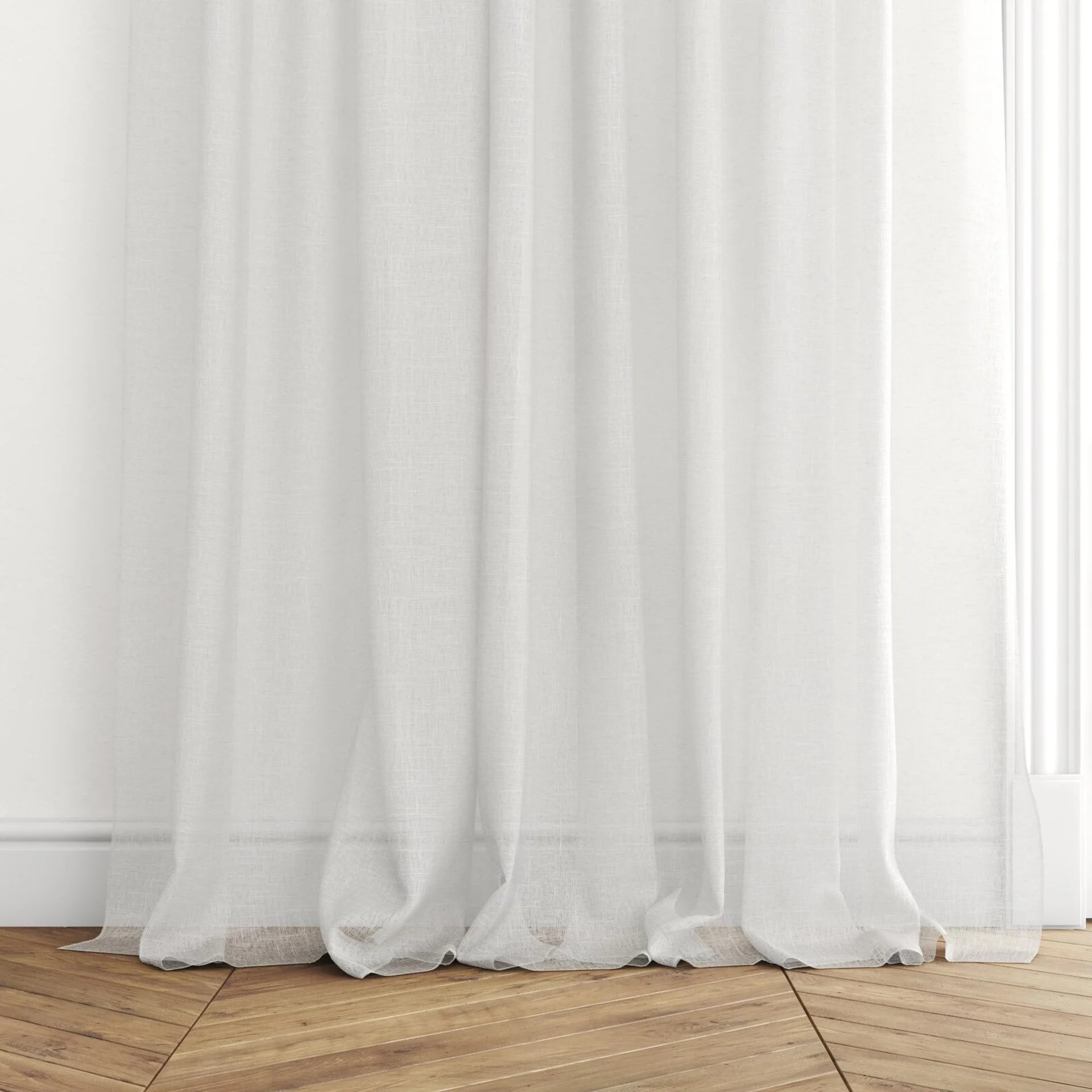 Bottom view of Drift Lunar, puddled with pinch pleat, on curtain rod