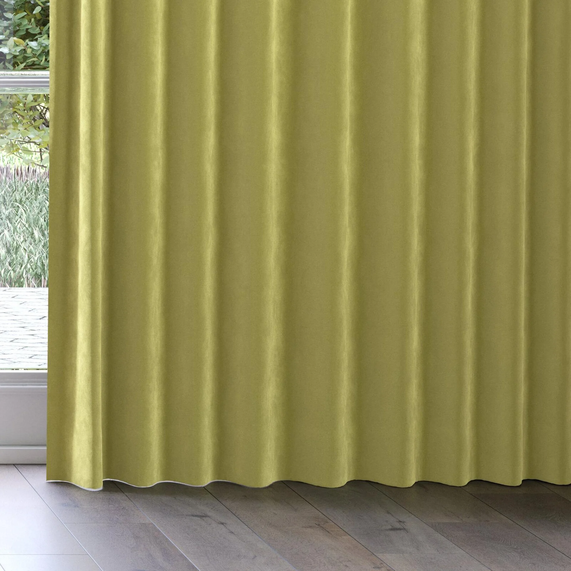 Bottom view of Lux Velvet Avocado 8117, on curtain rail