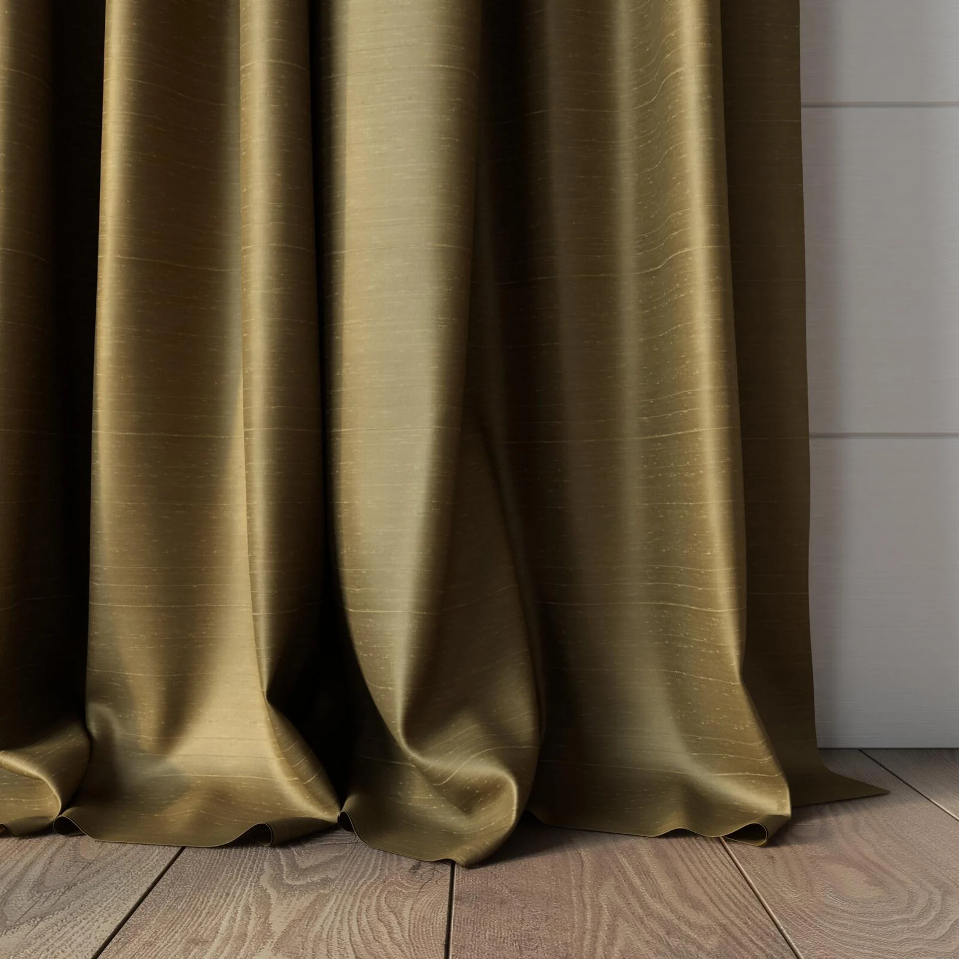 Bottom view of Silky Bronze, puddled, on curtain rod
