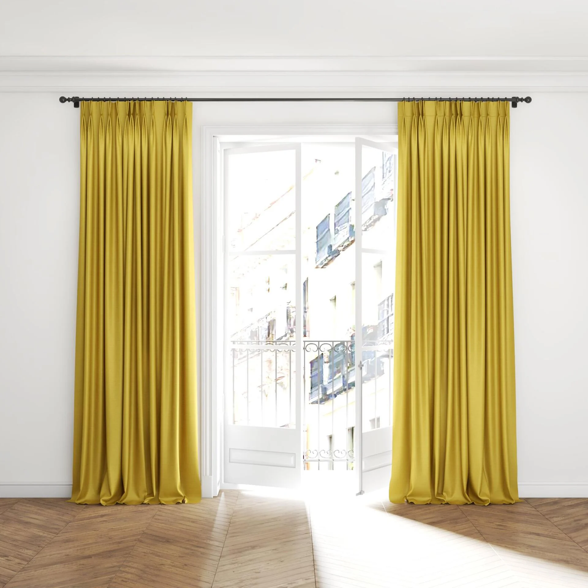 Full view of Silky Gold, puddled with pinch pleat, on curtain rod