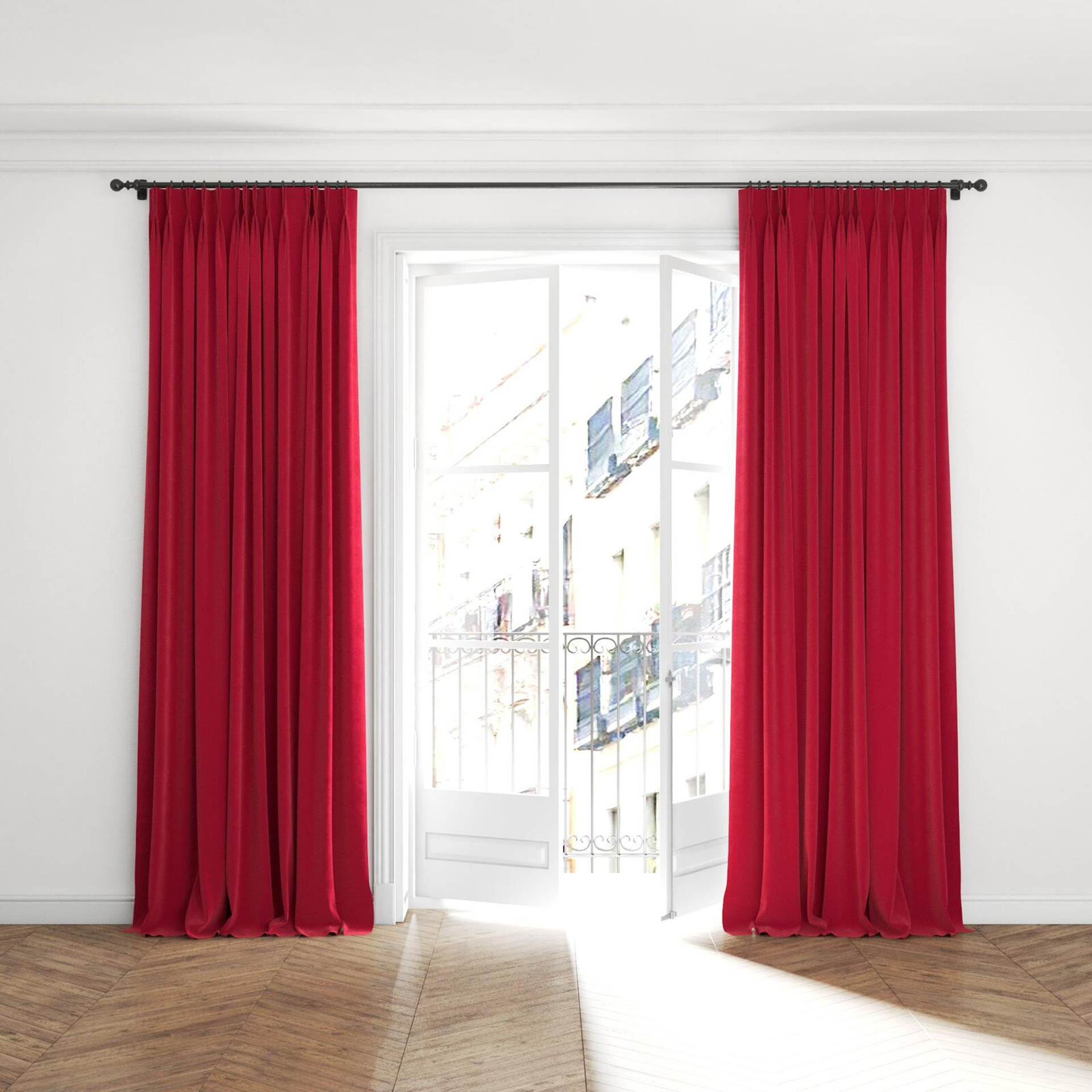 Full view of Moon Rouge, puddled with pinch pleat, on curtain rod