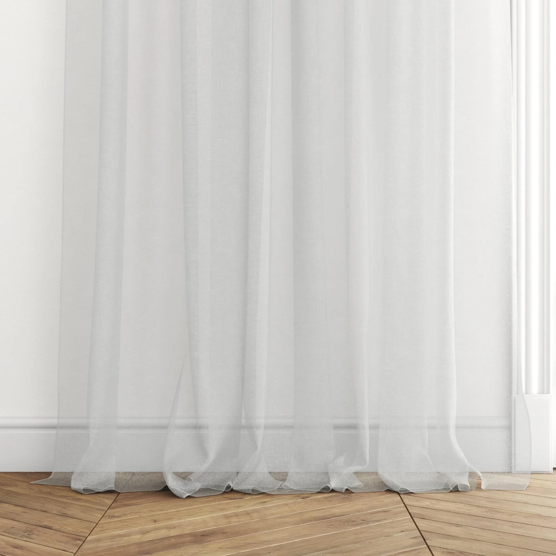 Bottom view of Rhyme Pure, puddled with pinch pleat, on curtain rod