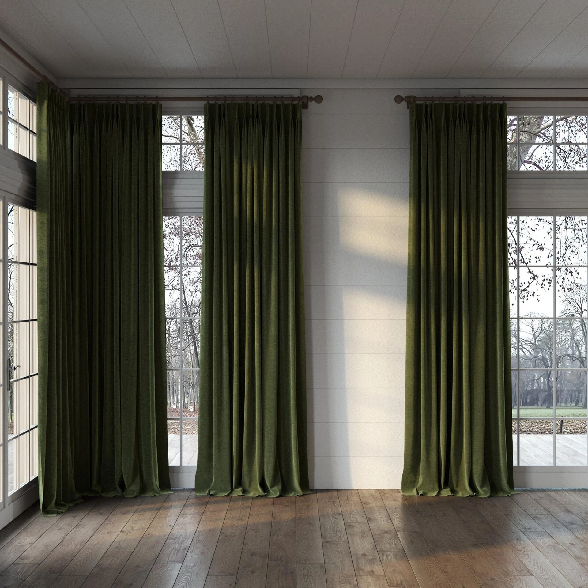 Full view of Geneva Forest, puddled, on curtain rod