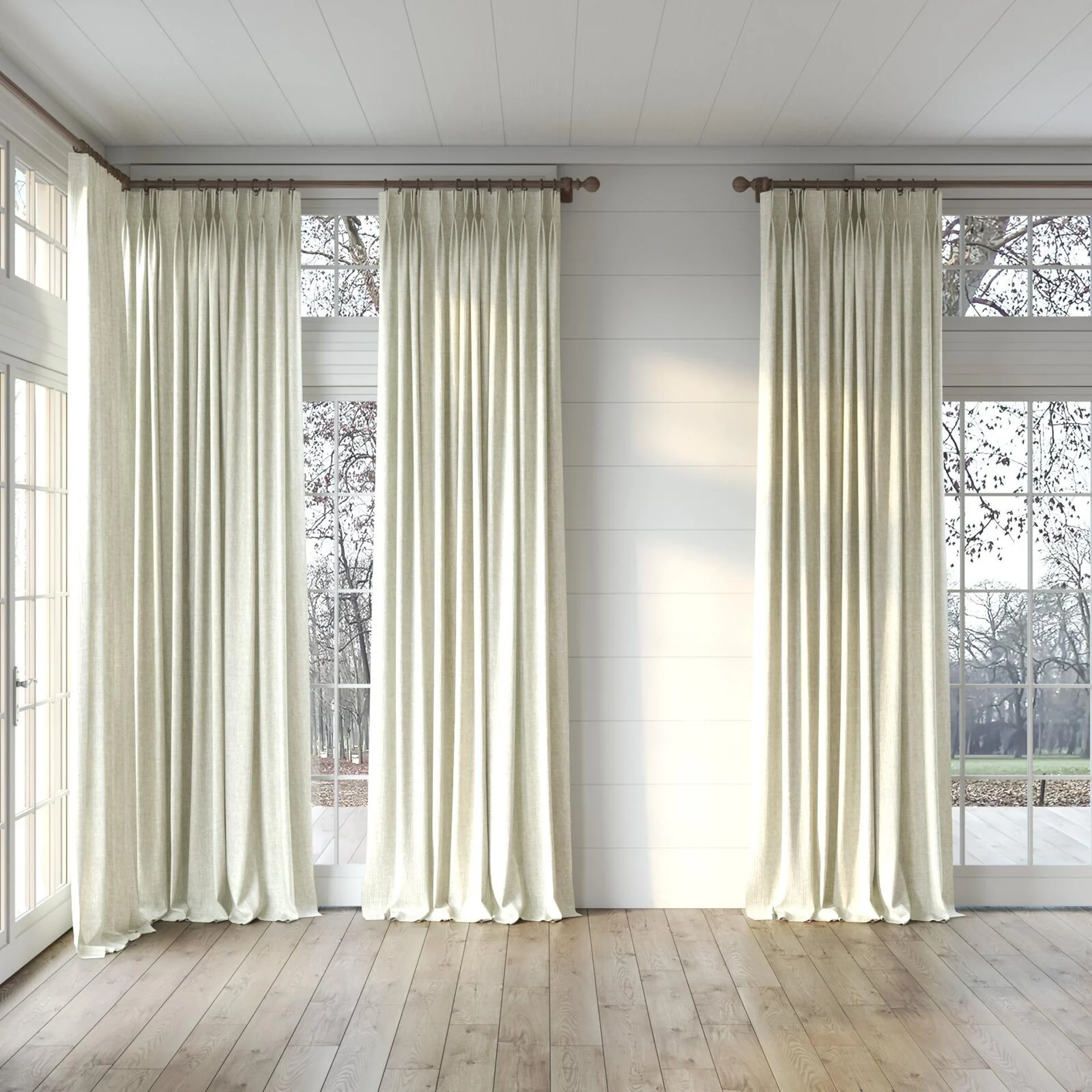 Full view of Earthwild Ivory, puddled, on curtain rod