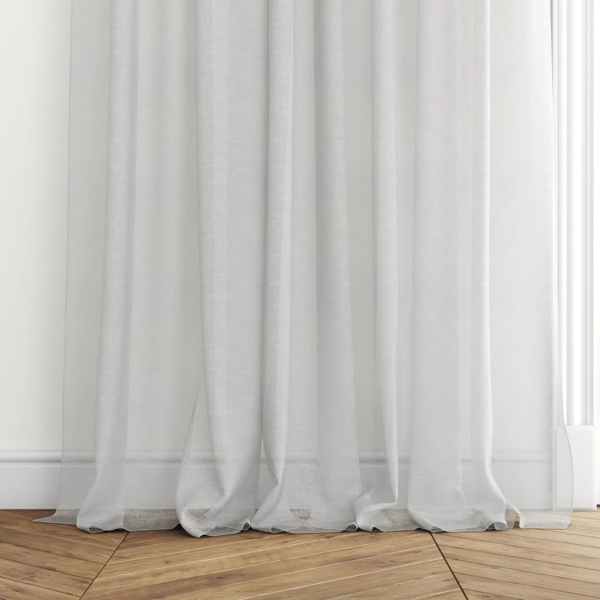 Bottom view of Natura Recycled Silver, puddled with pinch pleat, on curtain rod