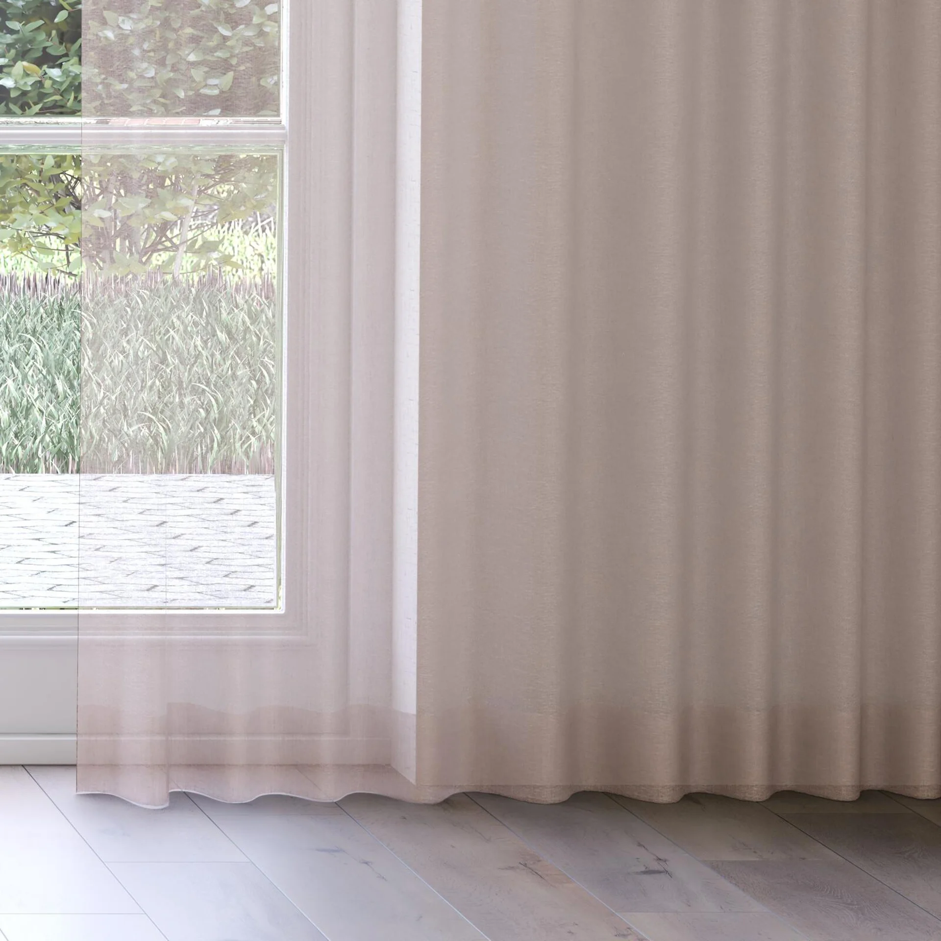 Bottom view of Pure Linen Cameo, on curtain rail