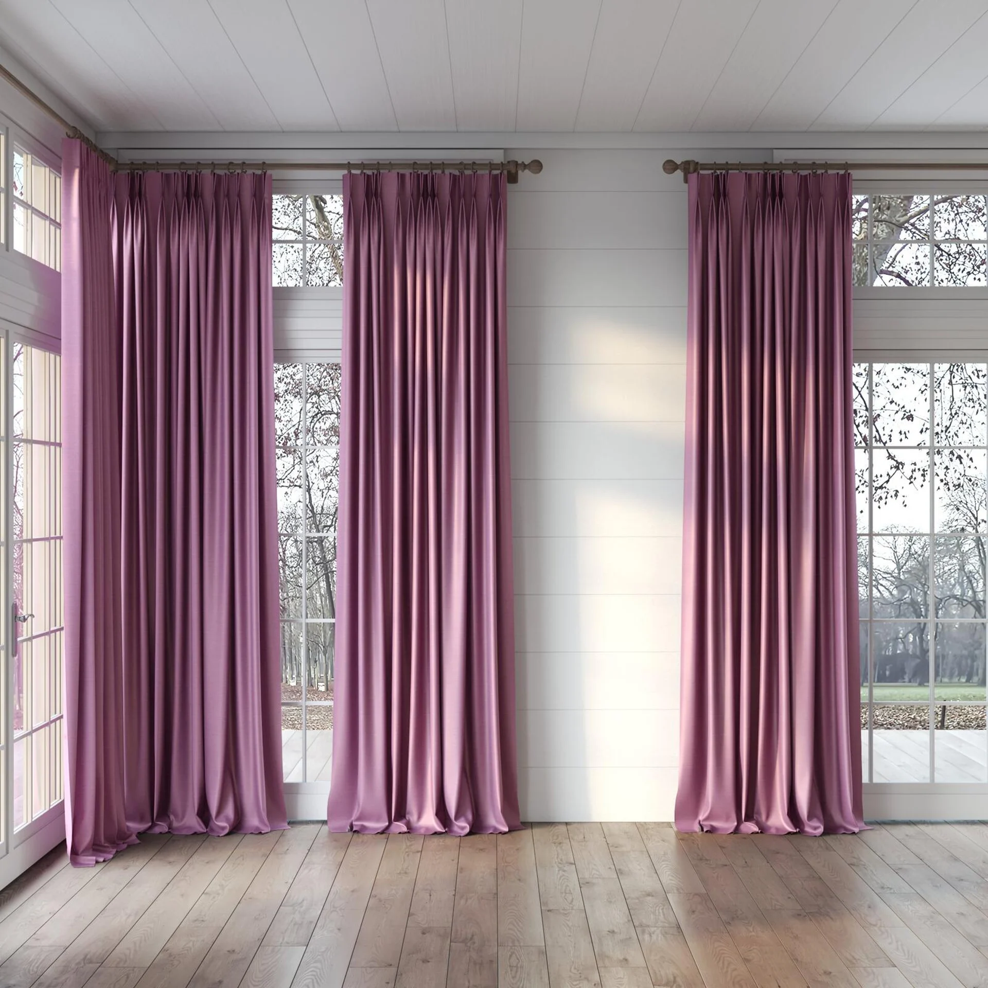 Full view of Silky Lilac, puddled, on curtain rod
