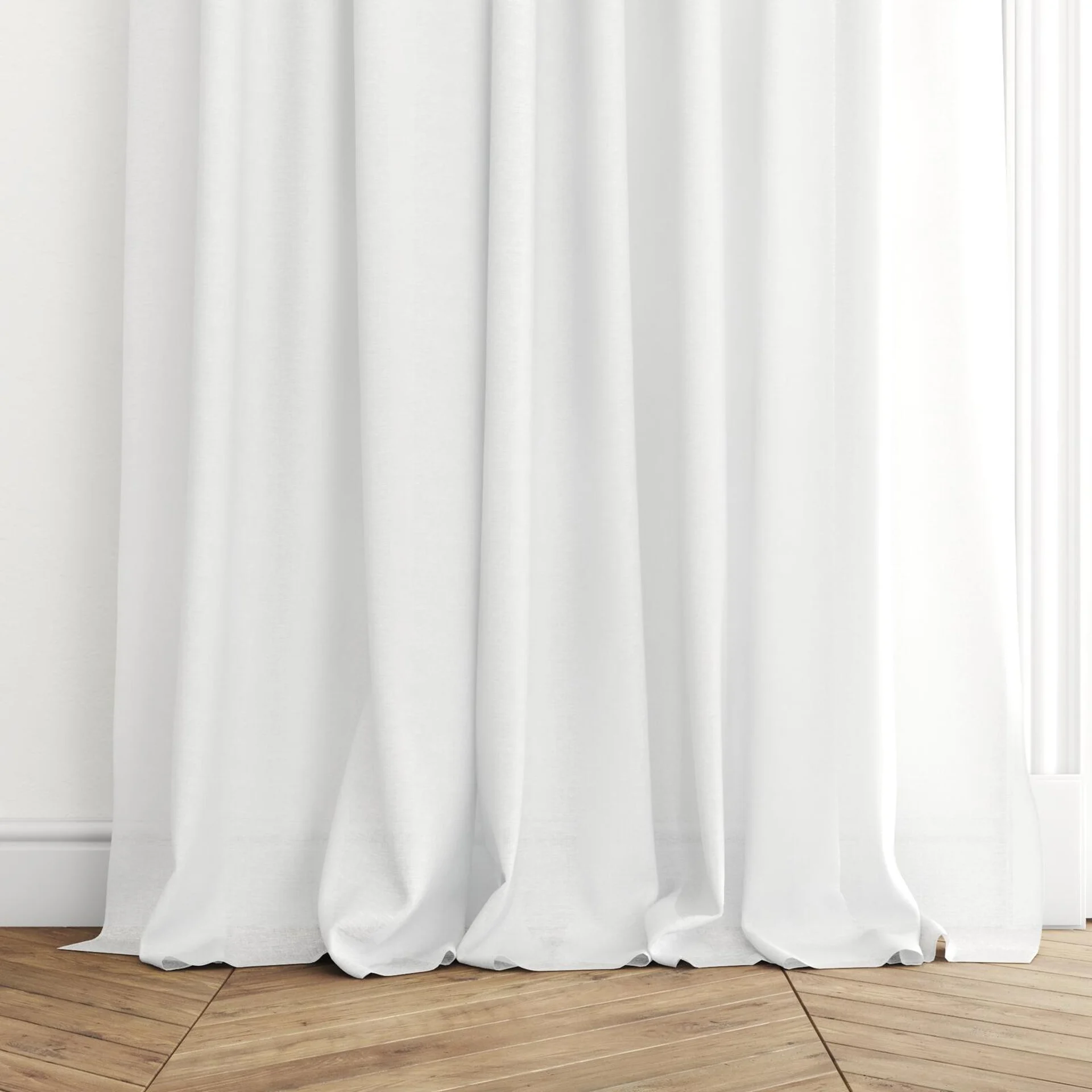 Bottom view of Shoji Snow, puddled with pinch pleat, on curtain rod
