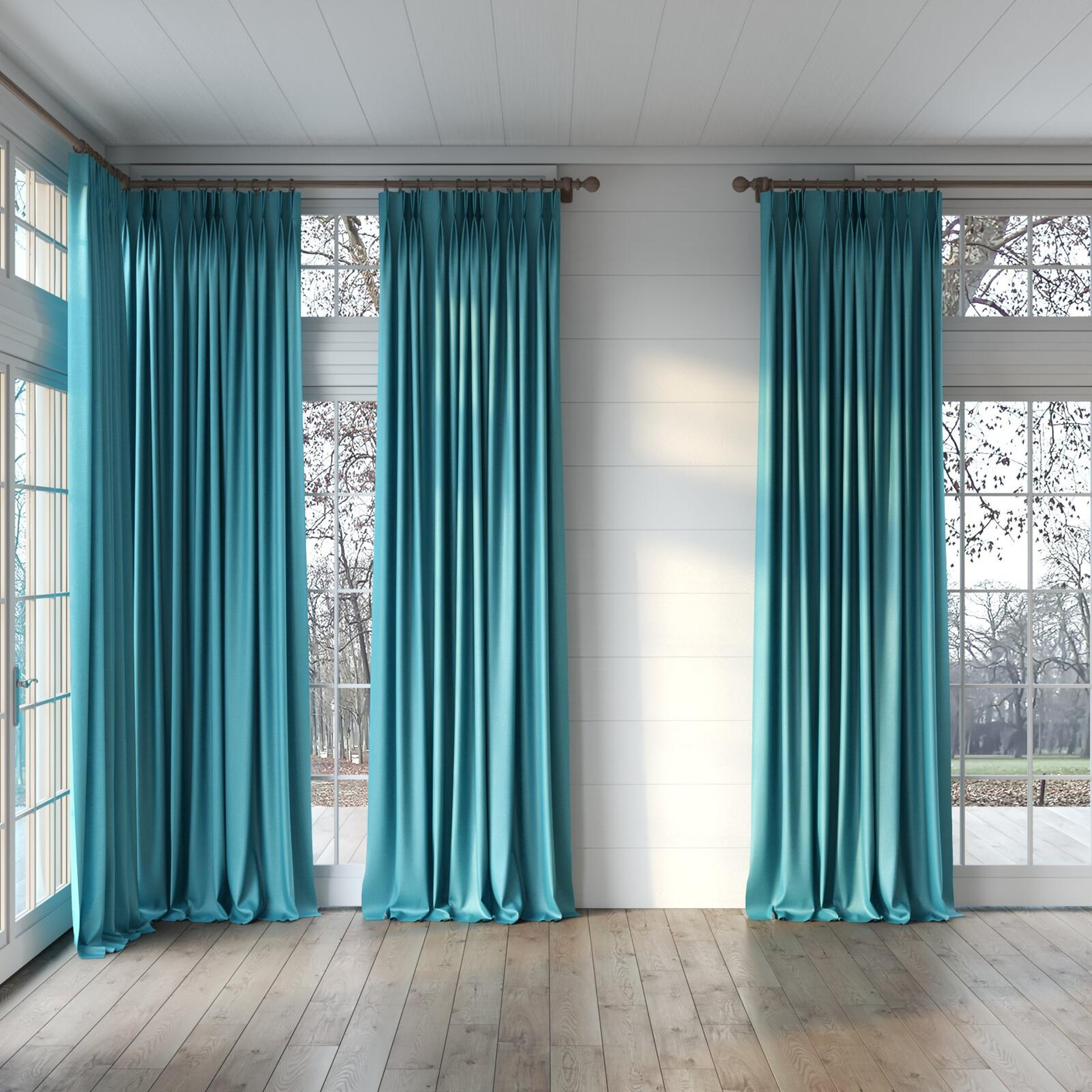 Full view of Bavaria Scuba, puddled, on curtain rod