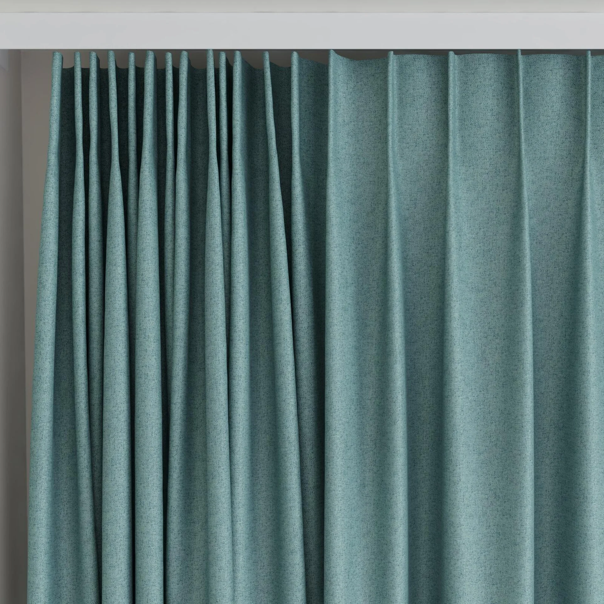 Top view of Liberate Turquoise, on curtain rail