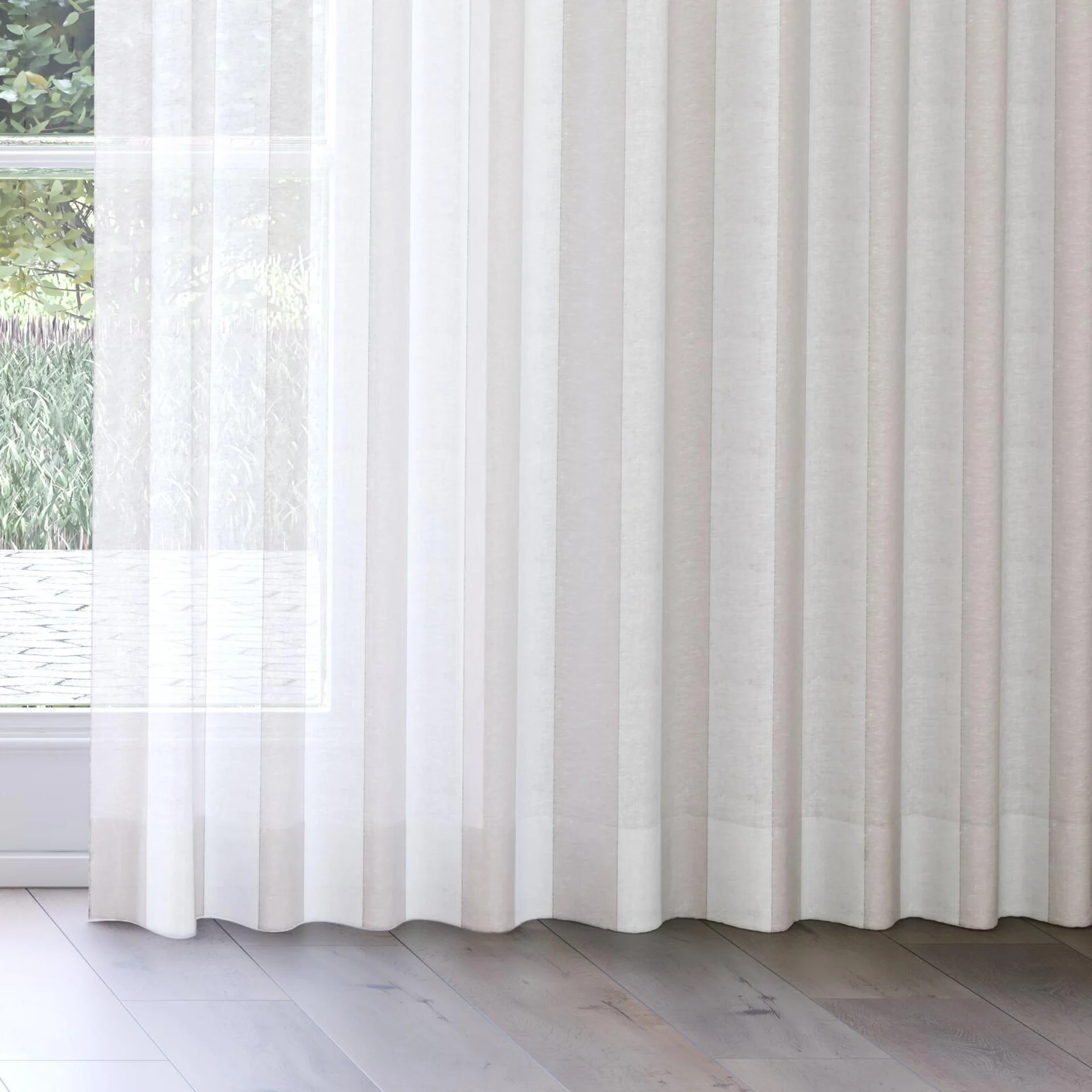 Bottom view of Kyoto Stripe Linen, on curtain rail